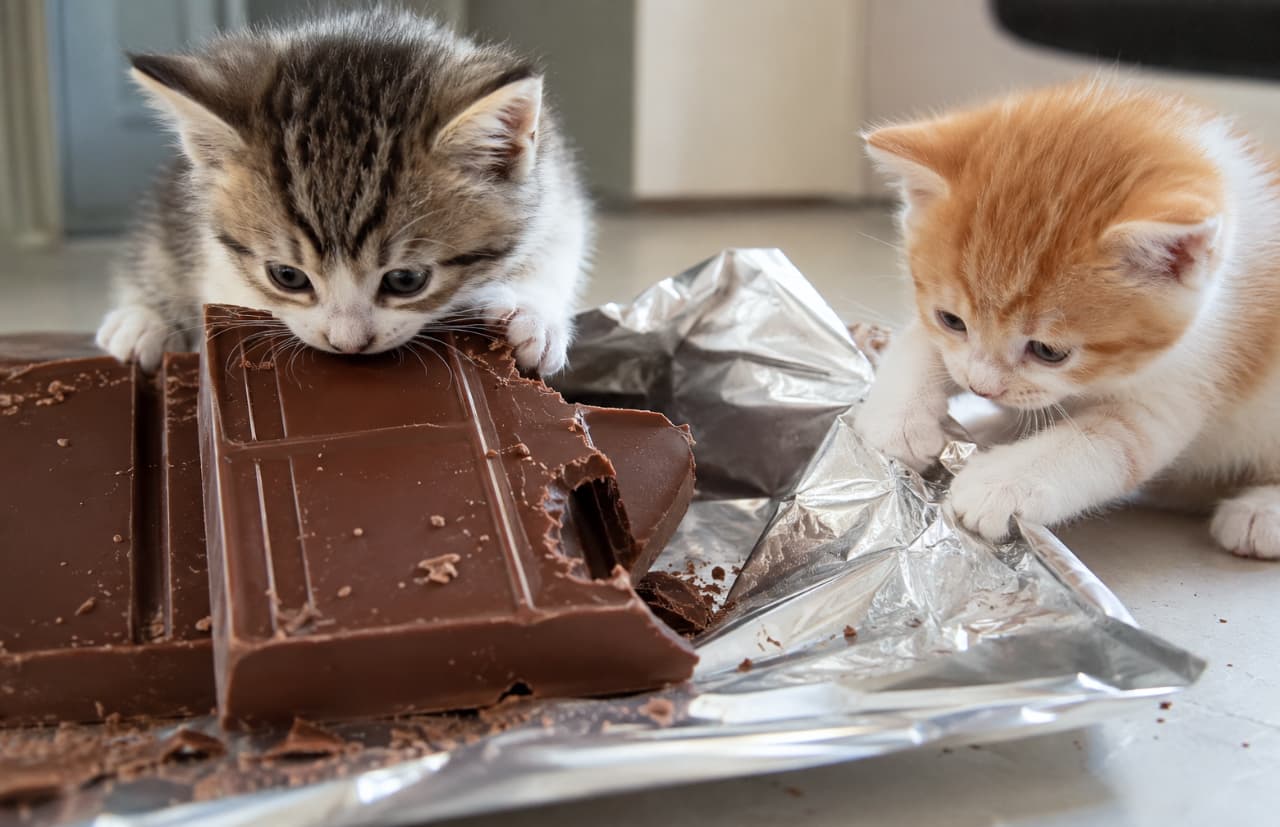 「ガルル…!この巨大な黒い塊はボクがやっつけるニャ🐾🍫一生懸命にかじりつくお顔が真剣そのもので可愛すぎます😂 #猫のいたずら #チョコレート #子猫の成長」Ultra-realistic high-quality photograph of two kittens, a mackerel tabby and an orange-and-white, interacting with a gigantic chocolate bar. The tabby is playfully biting the chocolate edge while the other pulls at the silver foil wrapping. 銀色の包み紙を破って現れた巨大な板チョコレートを、小さな歯で一生懸命にかじるキジトラ子猫と、隣で銀紙を引っ張る茶白の子猫。チョコレートの滑らかな質感と子猫の真剣な表情が対照的な高画質写真