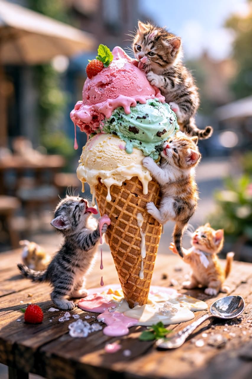 「巨大アイスに夢中!🍨🐾 コーンにしがみつく茶白ちゃんや、アイスを舐めるキジ白ちゃんが可愛すぎる💕 #猫 #子猫 #アイス #ミニチュア」An ultra-realistic high-quality photograph of tiny kittens interacting with a giant triple-scoop ice cream cone (strawberry, mint chocolate, vanilla) melting on a wooden table. A tabby-and-white kitten licks dripping pink ice cream on the bottom left, an orange-and-white kitten clings to the waffle cone on the right, and a tabby kitten licks the top scoop. A silver spoon lies on the table next to the melted ice cream. 木製のテーブルに直立した巨大なトリプルアイスクリーム(ストロベリー、チョコミント、バニラ)と、極小サイズの子猫たちの超リアルな写真。左下ではキジ白の子猫が滴るピンクのアイスを一生懸命に舐め、右側では茶白の子猫がワッフルコーンにしがみついて登ろうとしている。頂上ではキジトラの子猫がアイスを舐めている。手前には銀色のスプーンが置かれ、溶けたアイスが広がっている