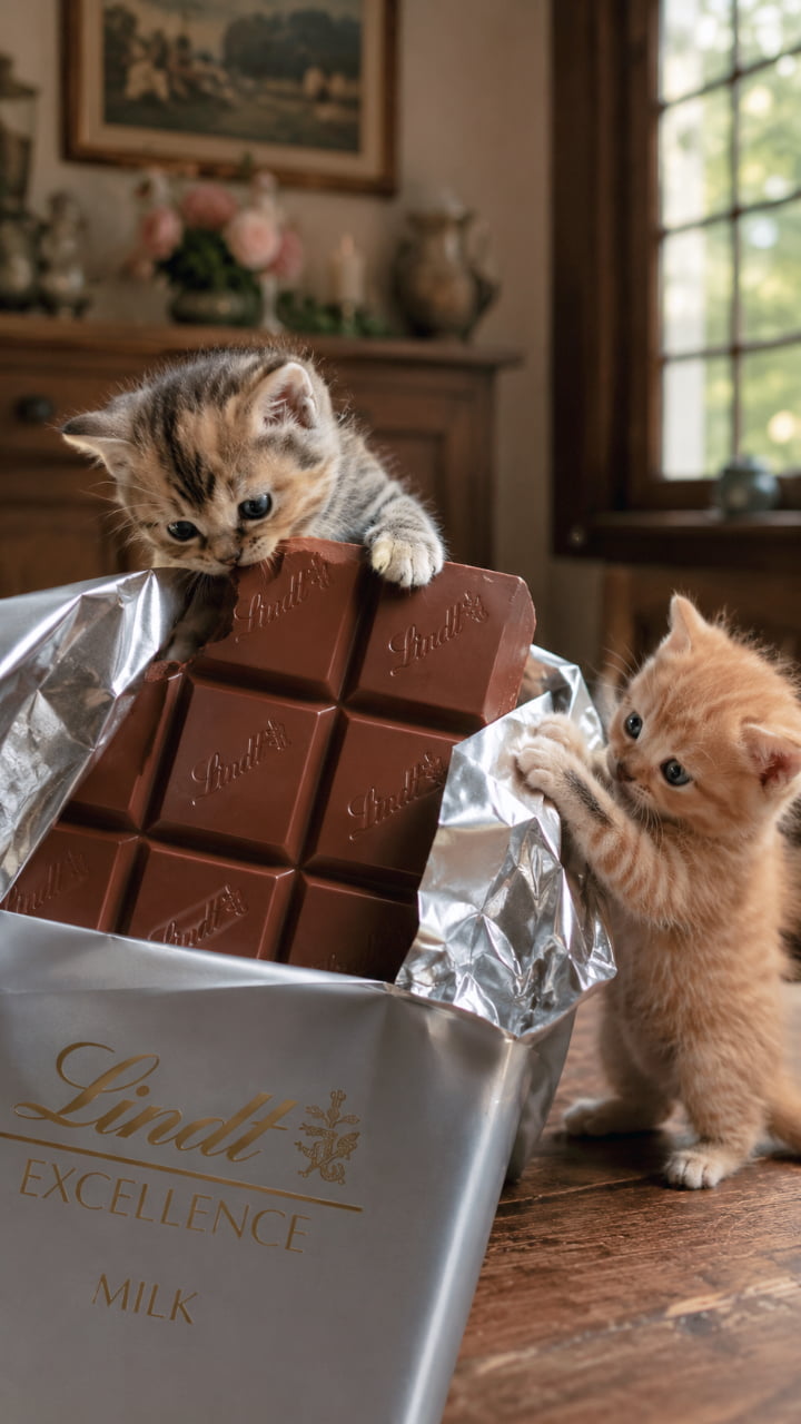 「最高級の甘い香りに誘われて…🍫✨大きなチョコを前にした子猫たちの好奇心が止まりません!一緒にティータイムはいかが?☕ #スイーツテロ #猫画像 #ティータイム」Ultra-realistic high-quality photograph of two kittens exploring a gigantic milk chocolate bar. A tabby kitten peeks out from the foil to nibble the chocolate, while an orange tabby kitten climbs the massive elegant packaging in a warm, antique-style room. 巨大なチョコレートのパッケージから顔を出し、チョコレートブロックをかじるキジトラ子猫と、パッケージの外側をよじ登ろうとする茶トラ子猫を捉えた、アンティーク調の背景が美しい高画質写真です