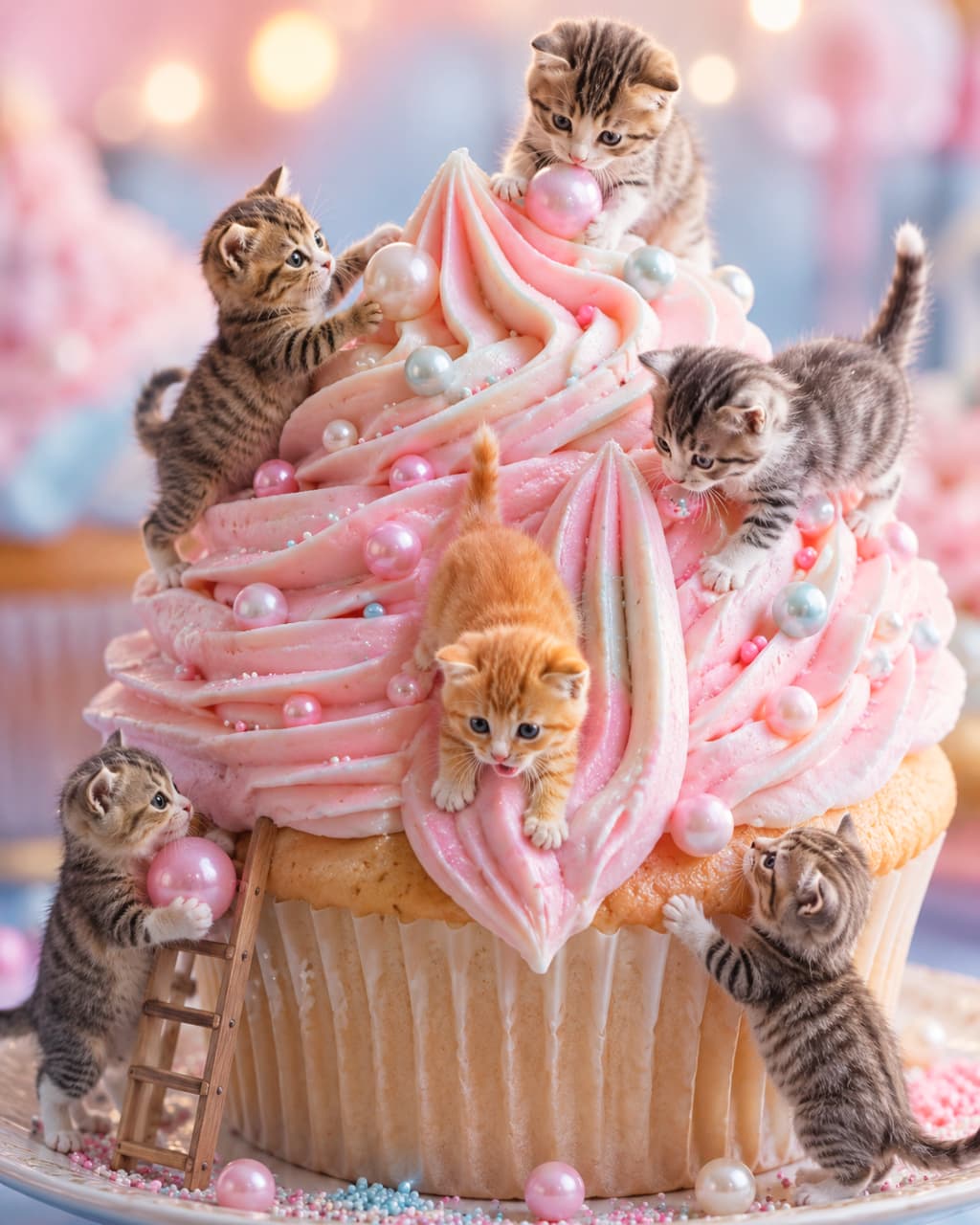 「スイーツの山を攻略中ニャ🏔️🧁ピンクのクリームにまみれる子猫たちが甘くて可愛すぎる!あなたならどの子を助ける?🐾 #スイーツ猫 #ゆめかわいい #子猫」Ultra-realistic high-quality photograph of five playful kittens, including tabby and orange varieties, climbing a massive cupcake topped with swirls of pink strawberry frosting and decorative edible pearls, creating a sweet and magical atmosphere. ピンクのストロベリークリームがたっぷり絞られた巨大なカップケーキを登る5匹の子猫たち。はしごを使うキジ白、クリームに埋もれる茶トラなど、真珠の飾りが輝くメルヘンチックで甘い雰囲気の高画質写真