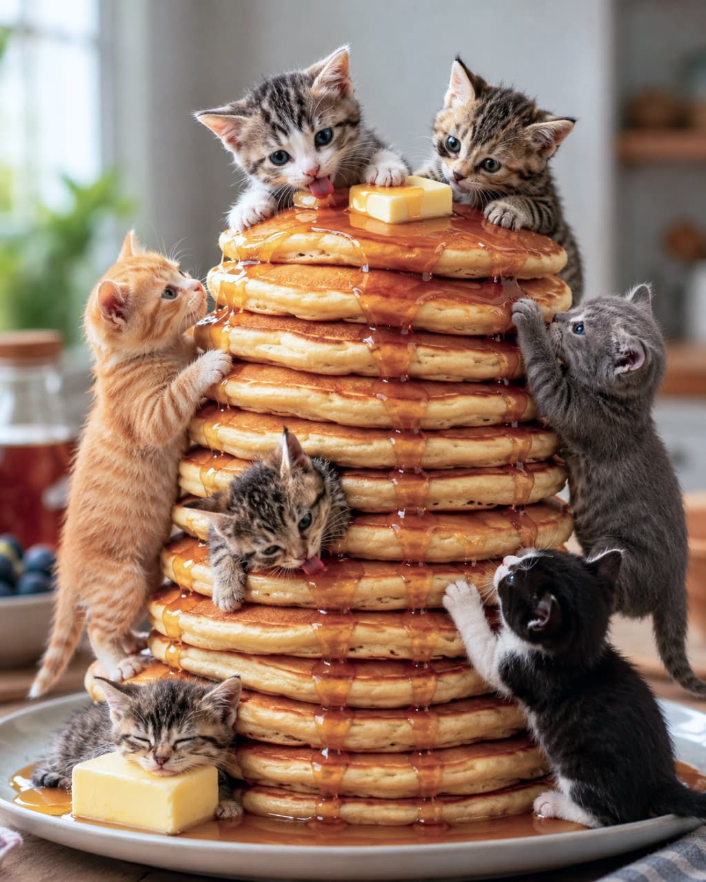 「まるで夢の国!☁️✨巨大パンケーキタワーを大冒険する子猫たちがたまらなくキュート🥞💕 #子猫 #パンケーキ #猫好きさんと繋がりたい」Ultra-realistic high-quality photograph of adorable tabby, orange tabby, tuxedo, and grey kittens climbing a giant stack of pancakes. They are innocently licking the melting syrup and butter on top, with beautifully detailed soft fur textures and warm natural light from the window. 山のように高く積まれたパンケーキに登る、キジトラ、茶トラ、ハチワレ、グレーの愛らしい子猫たち。頂上のバターやとろけるシロップを無邪気に舐める仕草、柔らかな被毛の質感、窓辺からの温かな自然光が美しく描写されています