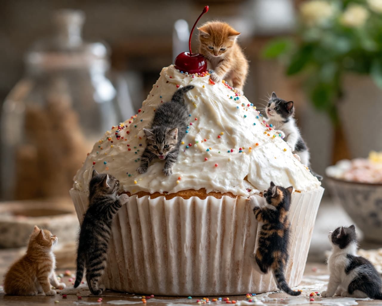 「よっこいしょ!🐾 巨大なカップケーキの頂上を目指して頑張る子猫たちがたまらなく可愛いっ🧁💖」Ultra-realistic high-quality photograph of several adorable kittens trying hard to climb a giant cupcake topped with white frosting, colorful sprinkles, and a large cherry, with a beautifully blurred background. 白いクリームとカラフルなスプレーチョコ、大きなチェリーが乗った巨大なカップケーキに一生懸命よじ登る、数匹の可愛らしい子猫たちの高画質画像。背景が美しくぼけており被写体が際立っている