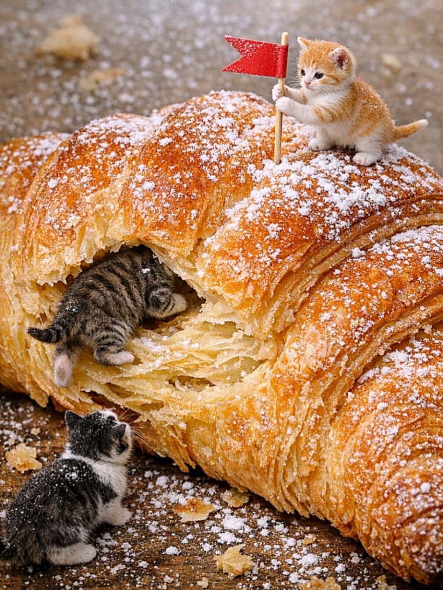 「ちび猫たちの大冒険!サクサク山で旗を立てろ〜!🐱」A hyper‑realistic miniature diorama scene featuring tiny kittens exploring a giant croissant. One kitten climbs into a flaky gap between buttery layers, another stands proudly on the golden top planting a tiny toothpick flag, and powdered sugar falls lightly like snow. The croissant’s texture is ultra‑detailed, with crisp layers and warm tones, while the kittens appear soft, delicate, and toy‑sized. The lighting resembles professional food photography with shallow depth of field. 巨大なクロワッサンを探検する小さな子猫たちを描いた、超リアルなミニチュア・ジオラマ風の写真。バターが香る層の隙間に潜り込む子猫、頂上で爪楊枝の旗を立てる子猫、そして粉砂糖が雪のように舞い落ちる様子が精密に表現されている。クロワッサンのサクサクした質感と温かい色味、柔らかい毛並みの子猫たちが、浅い被写界深度の美しいフードフォト風ライティングで描かれている