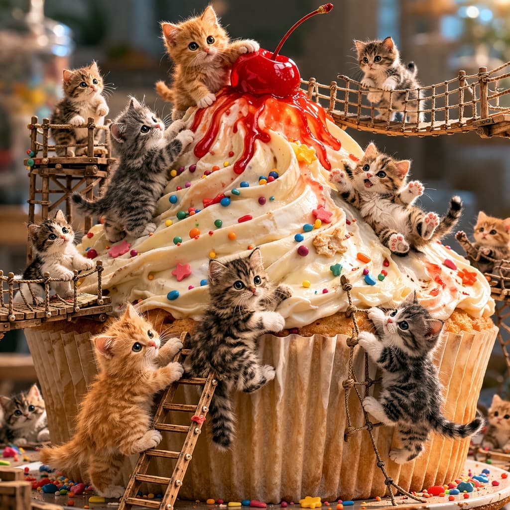 「甘〜い巨大カップケーキを探検中🧁✨ 小さな子猫たちの大冒険にキュンとしちゃうこと間違いなし!🐾💕」Ultra-realistic high-quality photograph of many tiny kittens playing, climbing, and walking on wooden bridges and ladders around a giant cupcake topped with white cream, colorful sprinkles, and a large cherry. 大きなチェリーとカラフルなスプレーチョコがトッピングされた巨大なカップケーキによじ登ったり、架けられた木の橋やハシゴを渡ったりして遊ぶ、たくさんの小さな子猫たちの高画質なリアル画像