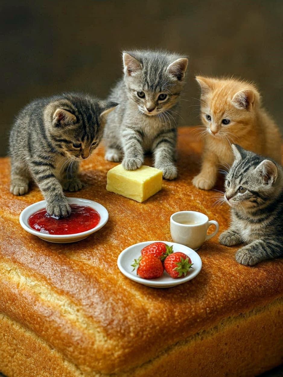 「🍞 食パンピクニック!ジャムをペロリ😋🍓 パンの上の小さなカフェに集まった子猫たちのイタズラな表情がたまりません☕🐾」Ultra-realistic high-quality photograph of four kittens gathered on a large piece of bread. One kitten is putting its paw in a small plate of strawberry jam, another on a block of butter, accompanied by miniature plates of strawberries and a tiny coffee cup. 大きなパンの上に集まった4匹の子猫たちの高画質画像。イチゴジャムの小皿に手を入れる子猫や、バターに前足を乗せる子猫がおり、手前にはミニチュアのイチゴ皿や小さなコーヒーカップも配置されている