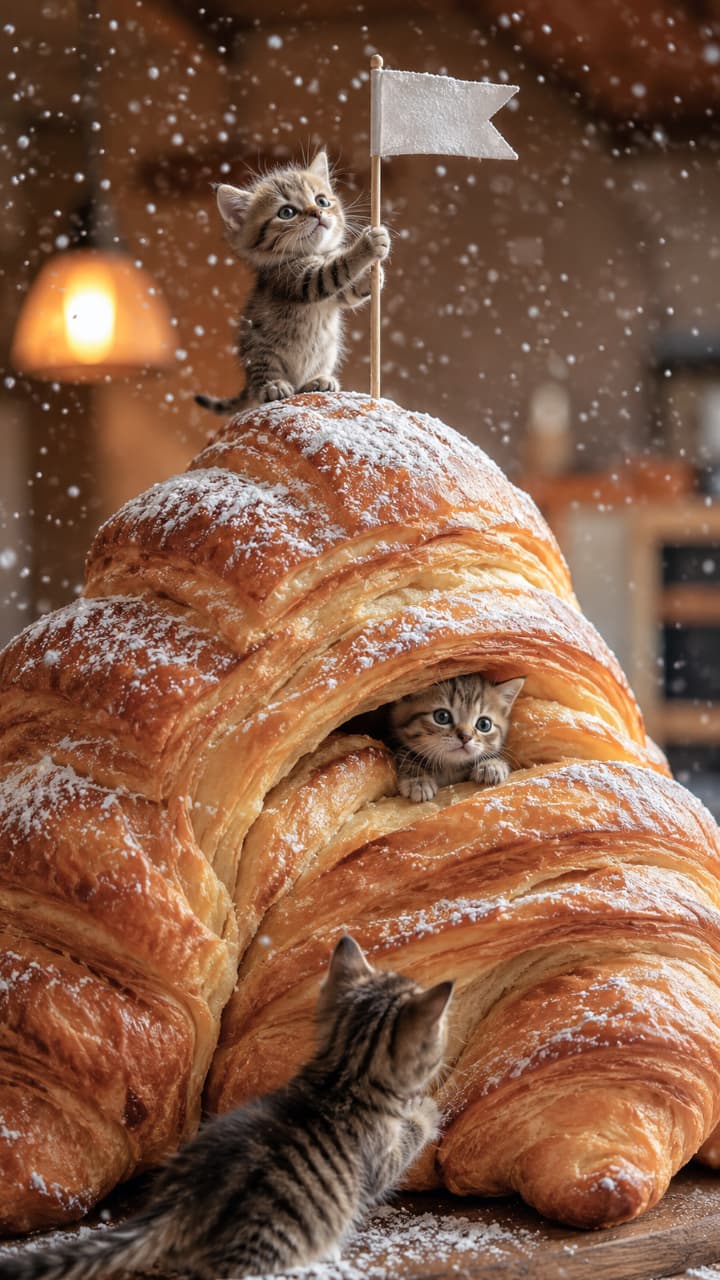「粉雪みたいな甘いお砂糖が降ってきたよ❄️🥐ふかふかのパンのお山で雪遊びにゃん🐾⛄️ #冬の足音 #クロワッサン #子猫の冒険」Ultra-realistic high-quality photograph of three tabby kittens on a giant croissant mountain amidst falling powdered sugar like snow. One grasps a white flag at the peak, another peeks from between the pastry layers, and a third looks up from the base. The warm lighting and falling sugar create a magical, romantic atmosphere. 粉砂糖が雪のように舞い散る中、巨大なクロワッサン山を登る3匹のキジトラ子猫。頂上で白い旗を握りしめる子、パンの層の間から顔を出す子、麓から見上げる子。暖色系の照明と舞い落ちる粉糖が、魔法のような幻想的でロマンチックな雰囲気を醸し出しています