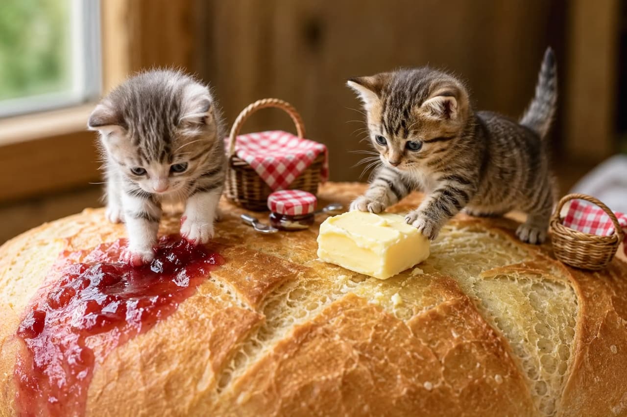 「パンの上で秘密のピクニック開催中🧺🍓ジャムとバター、どっちから味見する?😋🐾 #子猫とお出かけ #パン好き #ピクニック」Ultra-realistic high-quality photograph of two tabby kittens having a picnic on top of a giant loaf of pain de campagne. One reaches for red strawberry jam, the other touches a large block of butter. The glossy fur, miniature baskets, and jam jars are exquisitely rendered in warm country-style lighting. 巨大なカンパーニュパンの上でピクニックを楽しむ2匹のキジトラ子猫。赤いイチゴジャムに前足を伸ばす子と、大きな四角いバターに触れる子。艶やかな被毛、ミニチュアのバスケットやジャム瓶が、カントリー調の温かい光の中で精巧に表現されています