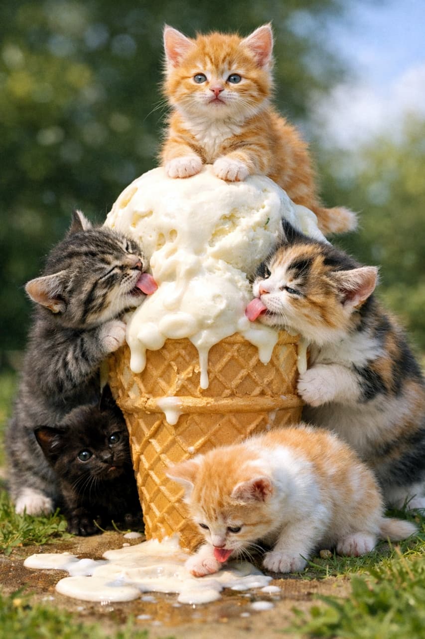 「巨大アイス山に挑む!🍦🐾 一生懸命舐める子猫たちに癒やされます✨ #猫 #子猫 #アイス #ファンタジー #癒やし」A colorful and photorealistic photograph of five various kittens gathered around a massive ice cream cone. One orange and white kitten sits proudly on the top scoop. A grey tabby kitten and a calico kitten are licking the ice cream from the left and right. At the base, a black kitten peeks out from behind the cone, and another orange and white kitten is licking melted ice cream from the grass. Blurred green background and blue sky. 巨大なワッフルコーンに盛られたアイスクリームを囲む、5匹の様々な毛色の子猫たちの鮮やかな写真。1匹の茶白の子猫がアイスの頂上に座り、1匹の灰色のタビー子猫と1匹の三毛猫が左右からアイスを舐めている。下部では、1匹の黒い子猫がコーンの陰から覗いており、別の茶白の子猫が地面に溶け落ちたアイスクリームを舐めている。背景はぼやけた草地と青空