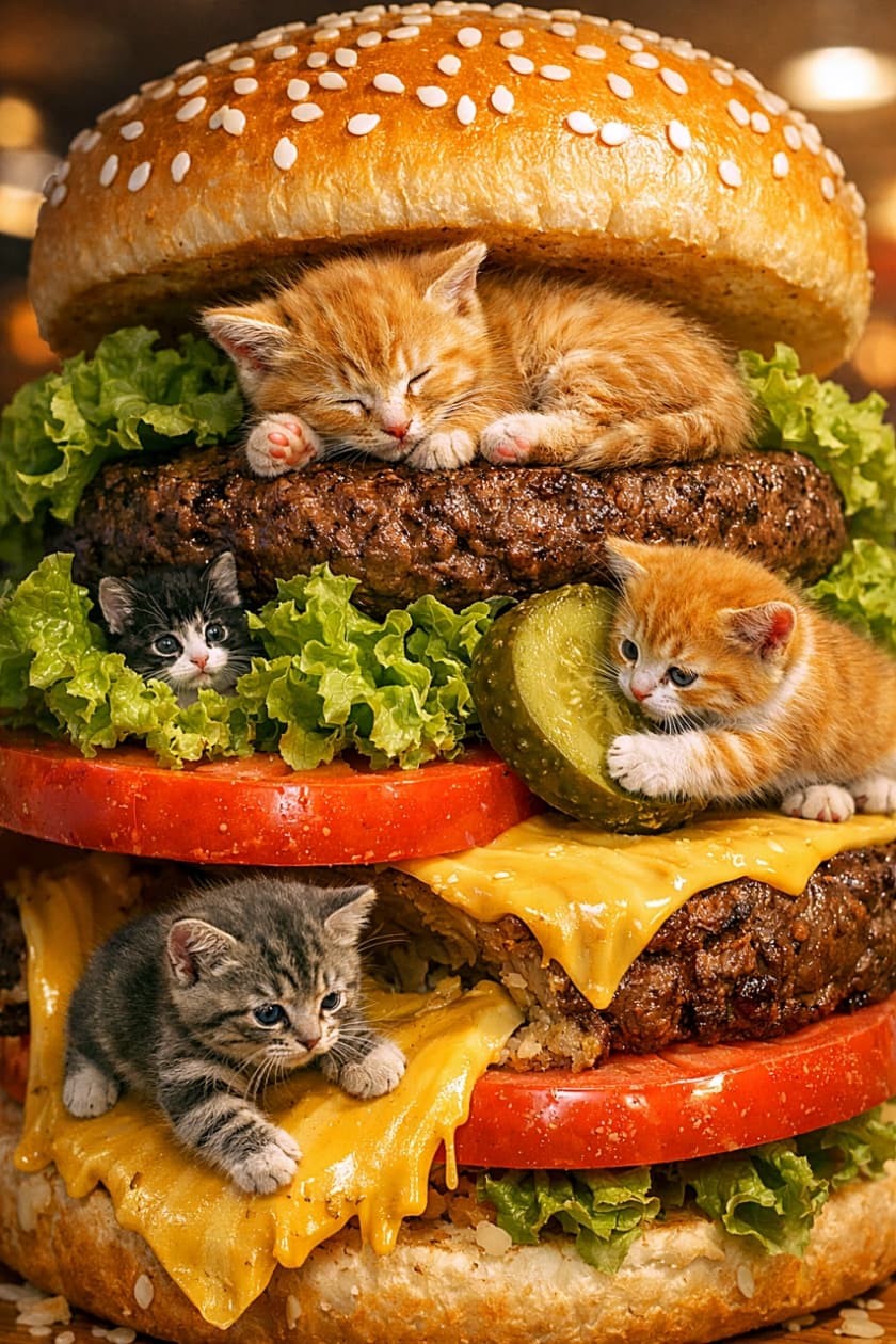 「巨大ハンバーガーの中は子猫たちの小さな冒険フィールド。パティでお昼寝、ピクルスを転がして遊び、レタスの森やチーズの坂を元気いっぱいに探検中。ミニチュア世界のかわいい物語🐱🍔」Tiny kittens playing inside a giant hamburger: one orange kitten sleeping on the beef patty under the sesame bun, another rolling a pickle slice beside melted cheese, while other kittens explore lettuce and tomato layers in a whimsical hyper-realistic diorama. 巨大ハンバーガーの具材の間で遊ぶ小さな子猫たち。ごま付きバンズの下でパティの上に眠る茶トラの子猫、チーズのそばでピクルスを転がす子猫、レタスやトマトの層を探検する子猫たちのミニチュア風フォト