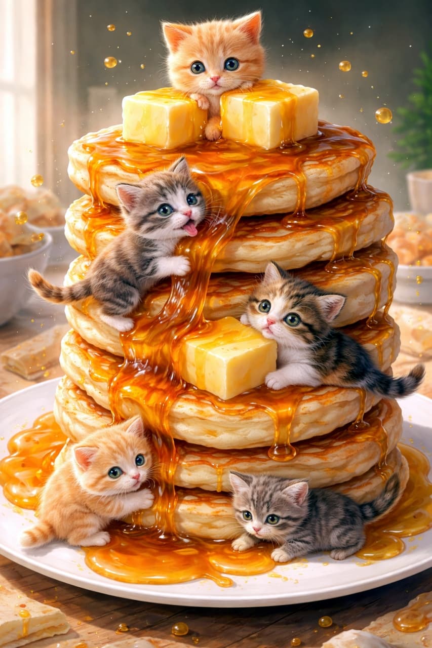 「ふかふかパンケーキのベッドはいかが?🥞🍯 甘い香りに誘われた子猫たちに癒やされちゃおう🐈✨」Ultra-realistic high-quality photograph of multiple cute kittens peeking out from and climbing on a tall tower of pancakes generously topped with butter and beautifully dripping syrup. 四角いバターとたっぷりのシロップがかかった高く積まれたパンケーキの塔の隙間から顔を出したり、よじ登ったりしている、複数の可愛らしい子猫たちの高画質画像。シロップのシズル感がリアルで美しい