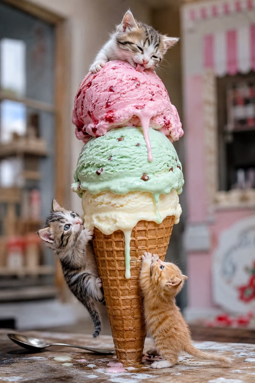 「ひんやり甘〜い誘惑に夢中!🍨🐾溶けちゃう前に僕たちも食べたいにゃん✨ #アイスクリーム #子猫のいる生活 #スイーツ #アイスクリーム #猫好きさんと繋がりたい」Ultra-realistic high-quality photograph of three kittens gathering around a giant three-scoop ice cream cone. A tabby licking the strawberry scoop on top, a tabby-and-white clinging to the waffle cone, and a stretching orange tabby in a pastel-toned space with detailed melting ice cream. 巨大な3段重ねのアイスクリームコーンに群がる3匹の子猫。頂上のストロベリーアイスを舐めるキジトラ、ワッフルコーンにしがみつくキジ白、背伸びする茶トラの必死なポーズと、溶け出すアイスのシズル感が鮮明に描かれたパステル調の空間