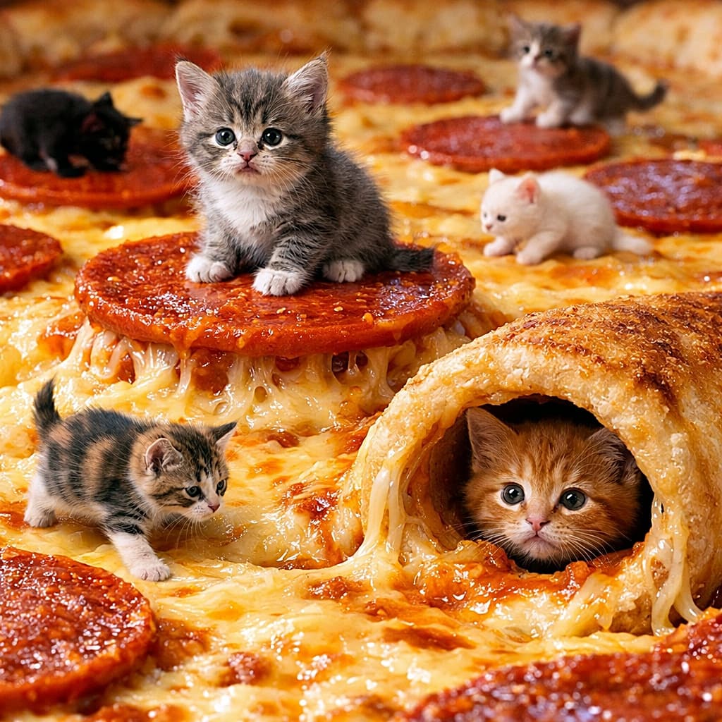 「ちっちゃな冒険隊、ピザの大地を大冒険🍕🐾」Tiny kittens explore a giant pizza, walking on melted cheese, climbing pepperoni slices, and peeking out from a hollow crust tunnel. 極小サイズの子猫たちが巨大なピザの上で、とろけたチーズの平原を歩き、ペパロニをよじ登り、空洞のある耳のトンネルから顔を出している