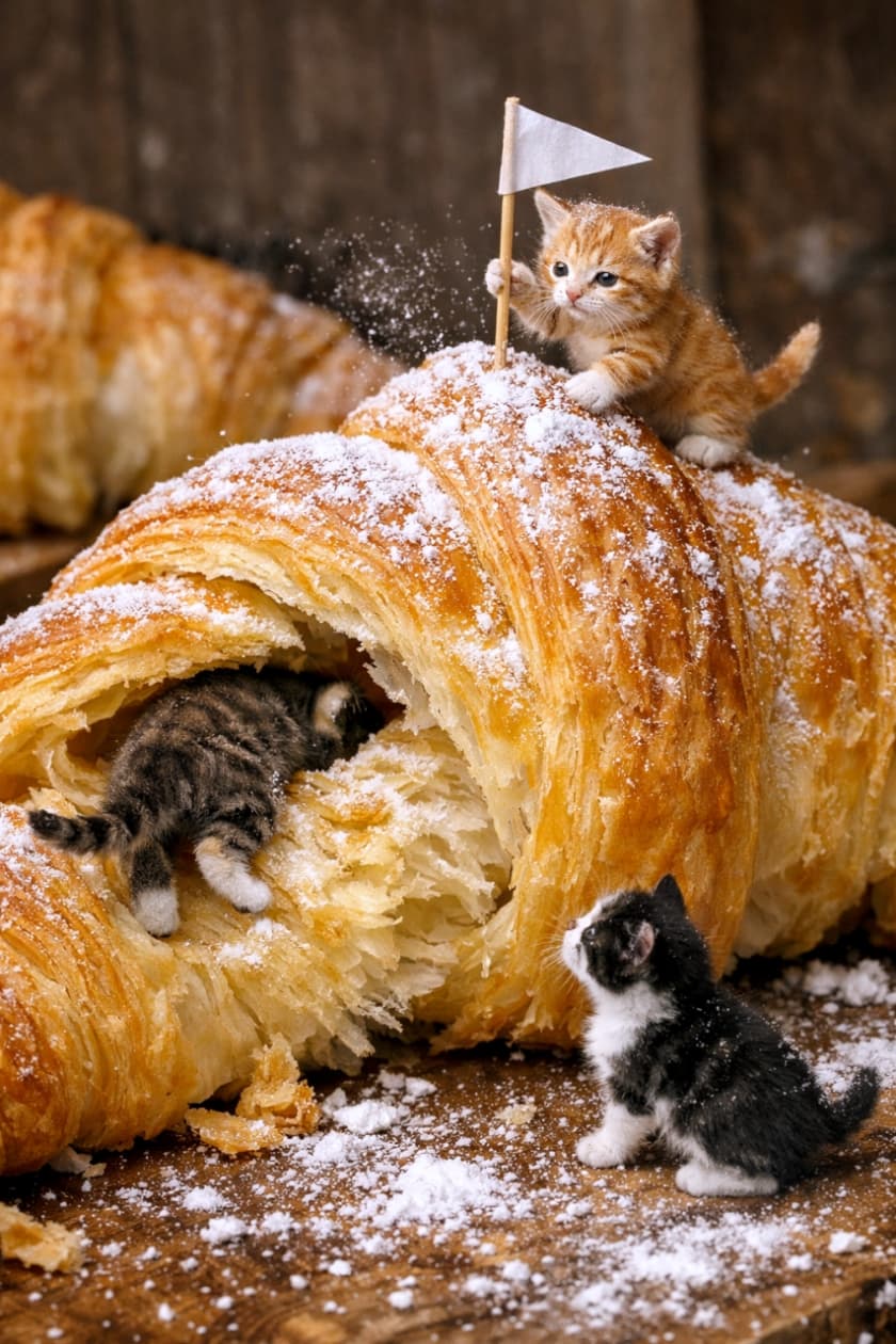 「巨大クロワッサンを探検!🥐✨ 白い旗を立てたり、隙間に潜り込んだりする極小子猫たちのジオラマ風な姿に夢中💕」A hyper-realistic diorama-style photograph of tiny kittens exploring a giant croissant dusted with powdered sugar like snow. At the golden top, a ginger kitten is planting a tiny white toothpick flag. In the middle, a tabby kitten is climbing into a flaky gap, showing its back and hind legs. At the bottom, a black and white kitten stands on the wooden surface looking up. 粉砂糖が雪のように降り積もった巨大なクロワッサンを探検する、極小サイズの子猫たちの超リアルなジオラマ風写真。頂上では茶トラの子猫が白い小旗を立てており、中央ではキジトラの子猫がサクサクとした生地の隙間へ頭から潜り込もうとお尻を見せている。下部では白黒の子猫が木の板の上に立ち、上を見上げている