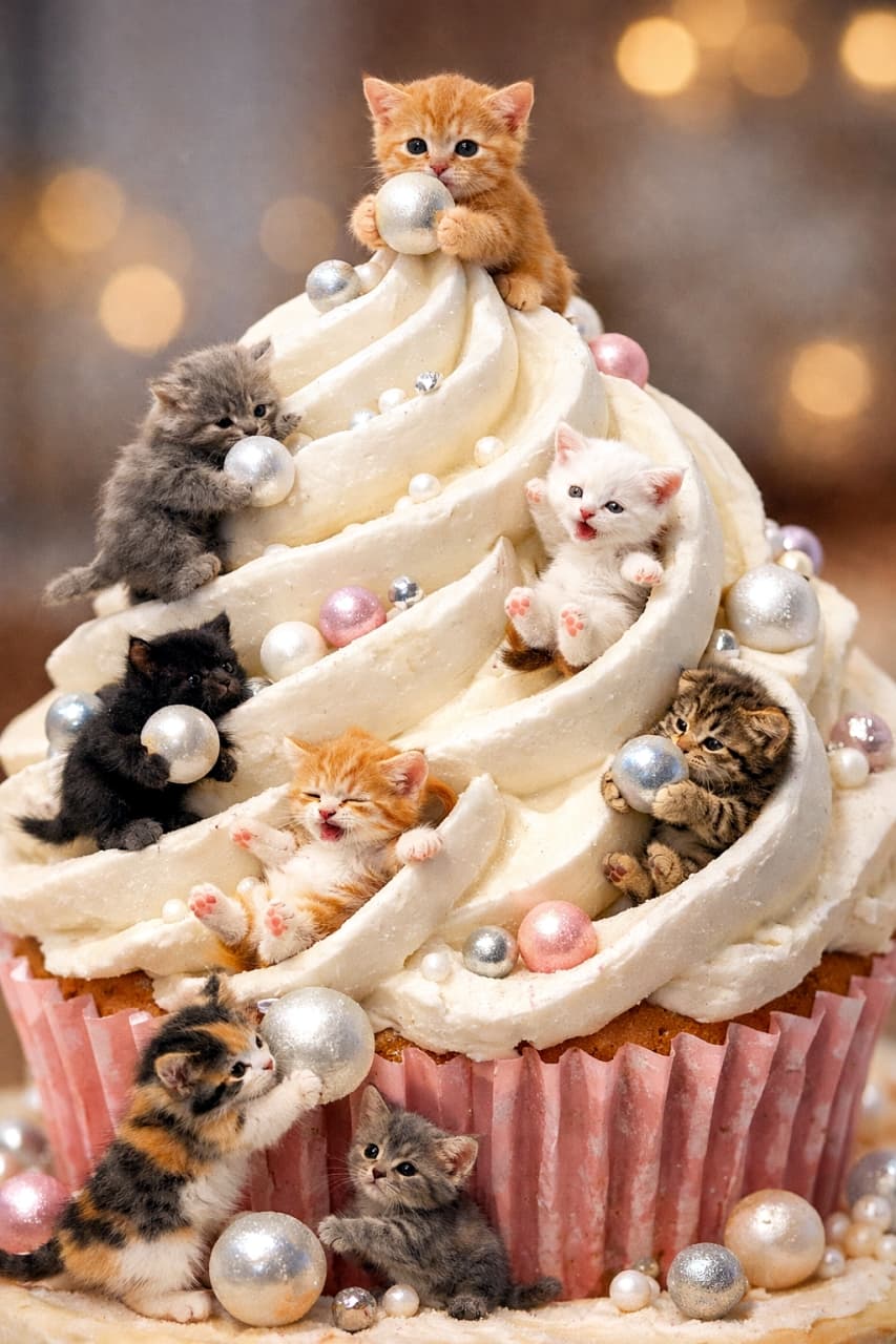 「巨大カップケーキの山で大冒険🧁✨ クリームの滑り台にキラキラのアラザン…極小子猫たちの世界に夢中💕 #猫 #子猫 #スイーツ #ファンタジー」An ultra-realistic high-quality fantasy photograph of various micro kittens playing on a giant cupcake with towering white frosting swirls. The tiny kittens, including orange tabbies, a calico, grey, black, and white ones, are climbing, sliding down the frosting ridges like slides, and carrying large silver and pink sugar pearls. The background features a warm, glowing bokeh effect. ピンク色の紙に包まれた巨大なカップケーキの白いクリームの山で遊ぶ、極小サイズの子猫たち(マイクロキトゥン)のファンタジーで高画質な写真。茶トラ、黒、グレー、三毛、白など様々な種類の子猫たちが、自分たちと同じくらいの大きさがある銀色やピンク色のアラザン(シュガーパール)を抱えたり、ホイップクリームの溝を滑り台のように滑ったりして楽しんでいる。背景は温かみのあるキラキラとした玉ボケが美しい