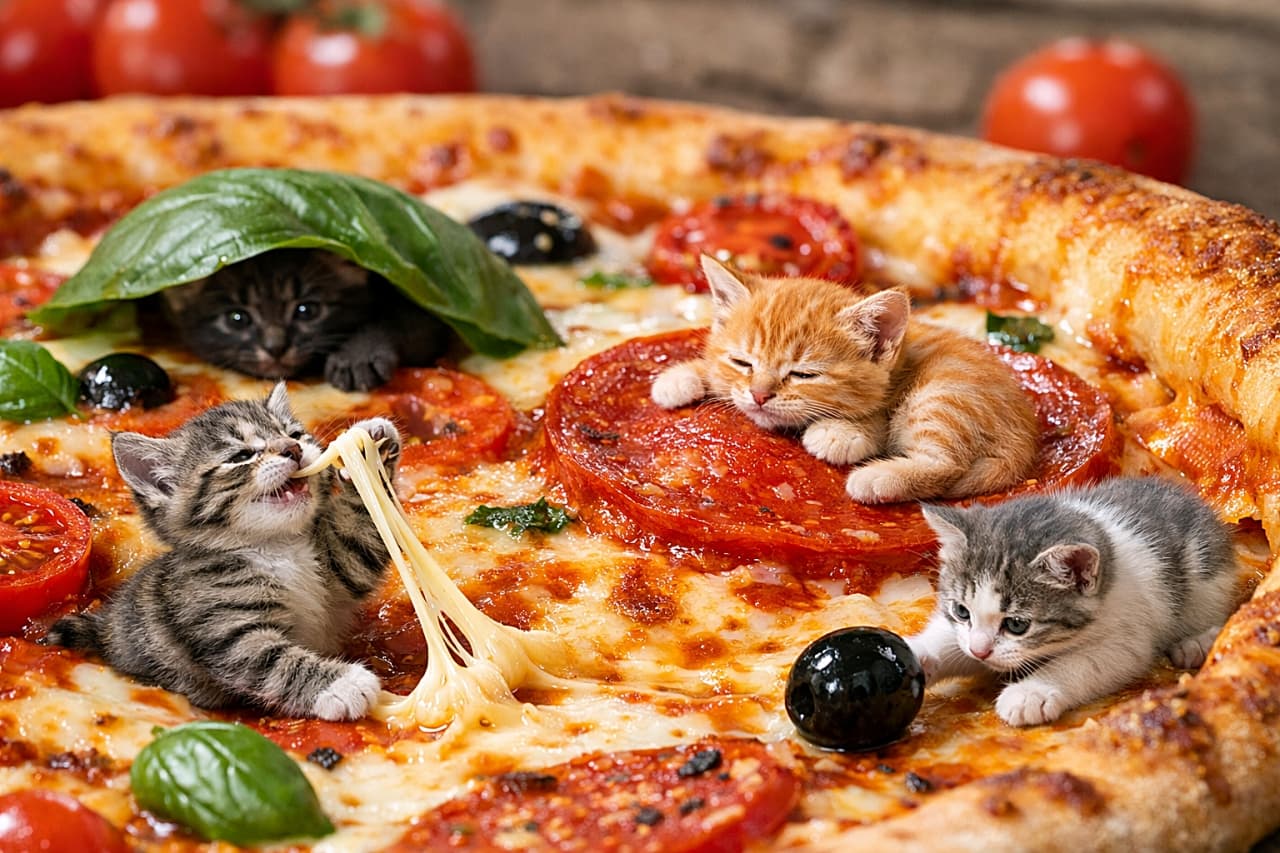 「巨大ピザの上は子猫たちの遊び場。のびるチーズを引っぱり、ペパロニでお昼寝、バジルにかくれてオリーブをころころ。にぎやかで楽しいミニチュアのピザ冒険」Micro kittens playing on a giant pizza: one kitten pulls a stretchy strand of melted cheese, another naps on a pepperoni slice, one peeks from under a basil leaf, and another bats at a rolling olive near the crust in a hyperrealistic whimsical diorama scene. 巨大なピザの上で遊ぶ極小サイズの子猫たち。とろけるチーズを引っぱる子、ペパロニの上でくつろぐ子、バジルの葉の下に隠れる子、オリーブを転がして遊ぶ子がいる精巧なジオラマ風シーン