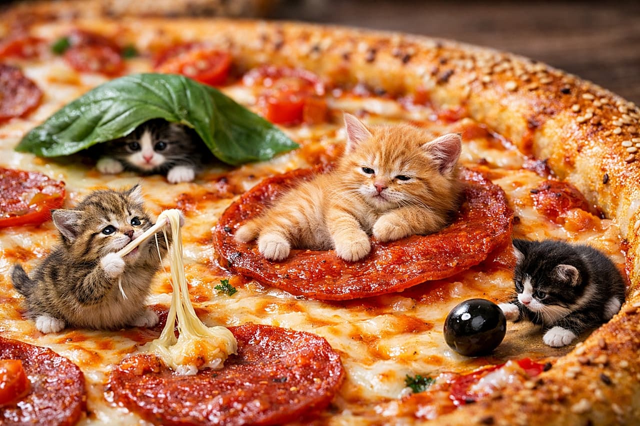 「ピザの国で子猫たちが大冒険!チーズに夢中で大はしゃぎ🍕🐾」Four tiny kittens play on a giant pizza, tugging melted cheese, lounging on pepperoni, hiding under basil, and batting a rolling olive in a hyperrealistic whimsical diorama. 巨大なピザの上で遊ぶ極小サイズの子猫たち。とろけるチーズを引っぱり、ペパロニでくつろぎ、バジルの葉の下に隠れ、転がるオリーブで遊ぶ様子の超リアルで幻想的なジオラマ風シーン