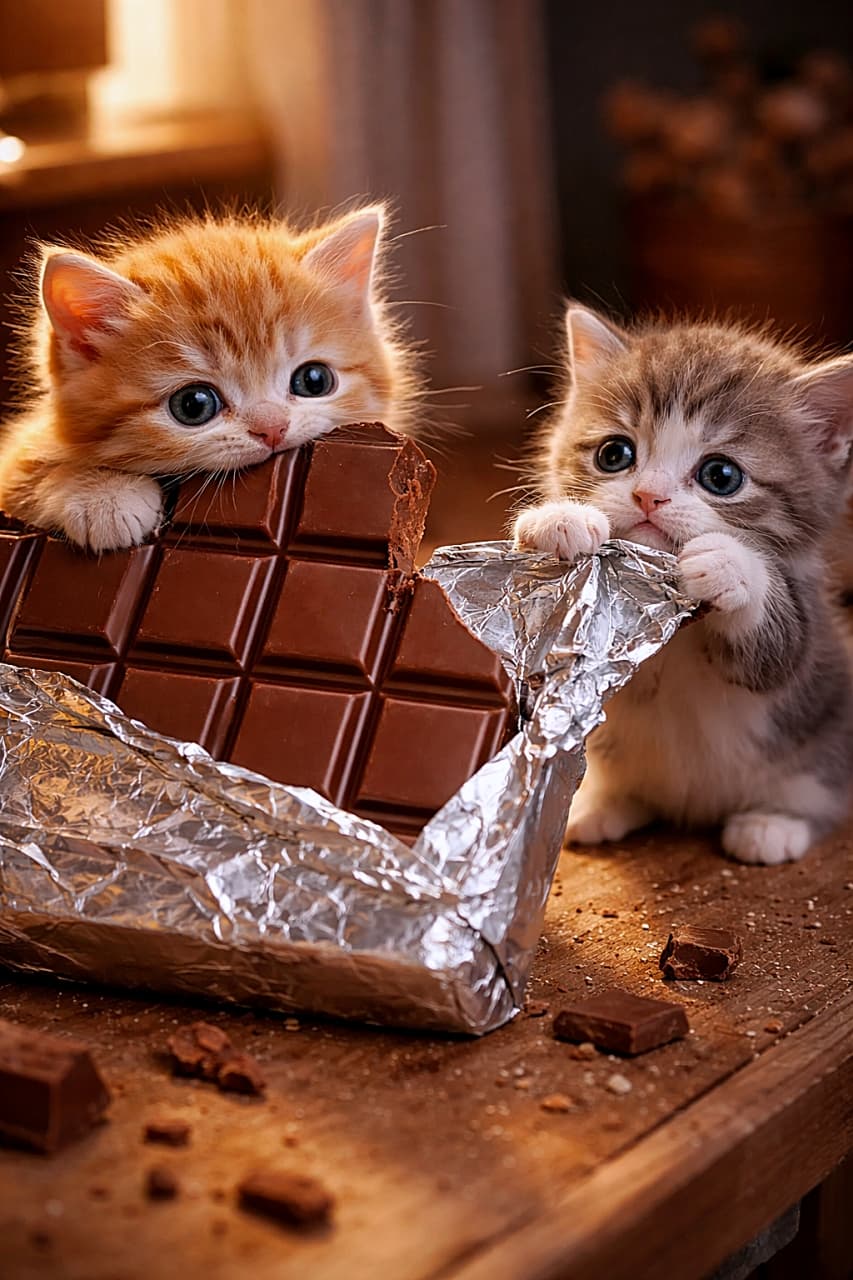 「板チョコが巨大すぎ!?子猫たちの甘くて不思議な冒険タイム🍫🐾」Two tiny kittens play with a giant chocolate bar, one nibbling the corner and the other tugging silver foil in warm indoor light. 巨大な板チョコで遊ぶ2匹の小さな子猫。1匹は角をかじり、もう1匹は銀色の包み紙を引っ張っている