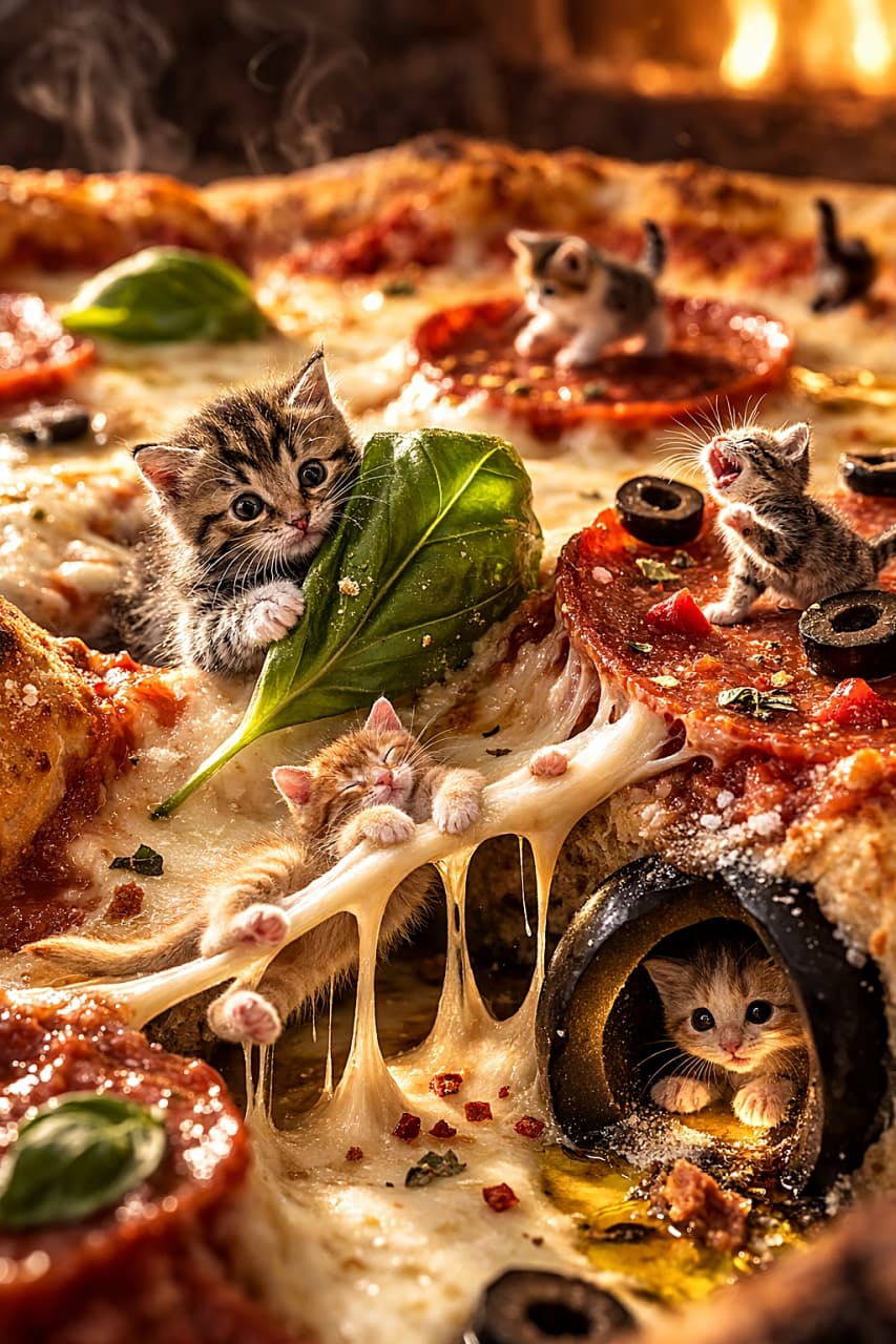 「バジルの影にかくれんぼ。ピザの大地は子猫たちの遊び場!🧀🐱」Tiny kittens explore a giant pizza landscape, one peeking from behind a basil leaf, others playing on pepperoni slices and gooey cheese under warm oven lighting in a macro diorama style. 巨大なピザの世界で、バジルの葉の影からのぞく子猫や、ペパロニやとろけるチーズの上で遊ぶ子猫たちが描かれた、温かな光のマクロジオラマ風シー