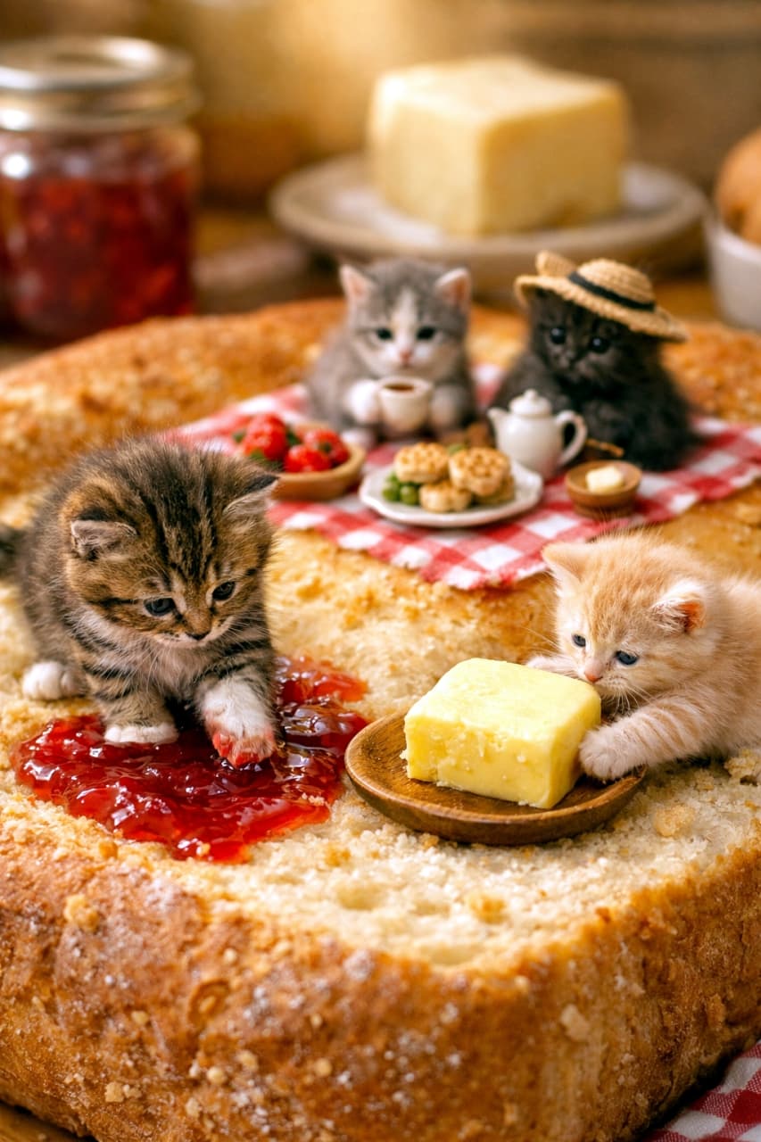 「巨大な食パンの上で子猫たちがピクニック!ジャムにポチャッ、バターにタッチ!みんなで美味しくいただきます💕」A hyperrealistic macro diorama photo of miniature kittens having a picnic on a giant loaf of bread. In the foreground, a tabby kitten steps into a pool of strawberry jam with a gooey paw, while a cream and white kitten touches a pat of butter on a wooden dish. Further back, on a red checkered picnic blanket, two other kittens (one grey and white, one fluffy black wearing a straw hat) are seated with miniature tea sets and treats like strawberries and cookies. A jam jar and butter are in the blurred background under warm kitchen light. 巨大な食パンの上でミニチュアの子猫たちがピクニックをしている、ハイパーリアリスティックなマクロジオラマ写真。前景では、キジトラの子猫がとろっとしたイチゴジャムの池に前脚を突っ込んでおり、その横でクリームと白の子猫が木製のお皿に乗ったバターの塊に触れている。奥には赤と白のチェック柄のピクニックシートが敷かれ、グレーと白の子猫と麦わら帽子をかぶったふわふわの黒猫の2匹が、ミニチュアの茶器やイチゴ、クッキーなどの食べ物に囲まれて座っている。背景にはジャム瓶やバターが暖かみのあるキッチンの光の中でボケて写っている。