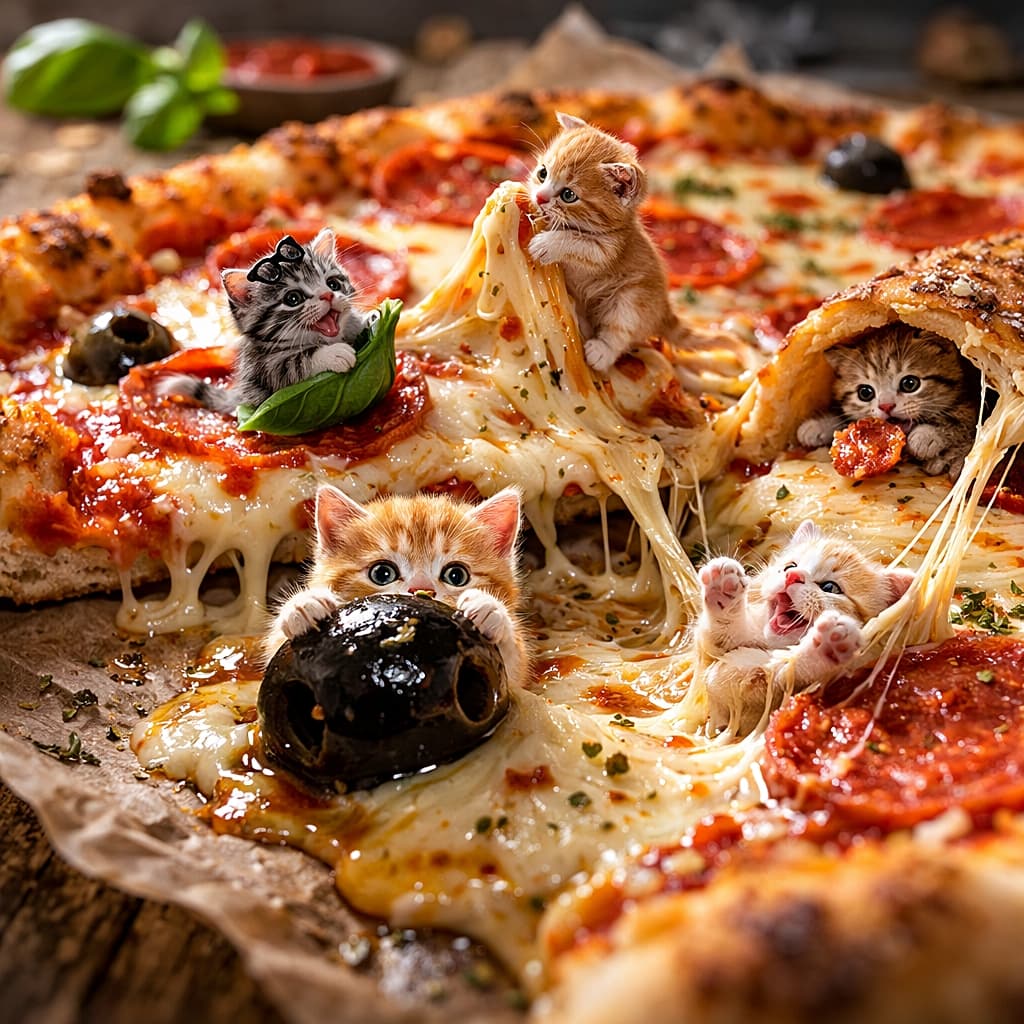 「オリーブ島に隠れろ〜!とろけるチーズは子猫の遊び場🧀🐱」Miniature kittens explore a pizza landscape, hiding behind a black olive and pulling long strands of melted cheese like a sea. ピザの上の世界で、黒オリーブの後ろに隠れる子猫や、海のように広がるチーズを引っぱって遊ぶ子猫たちの様子