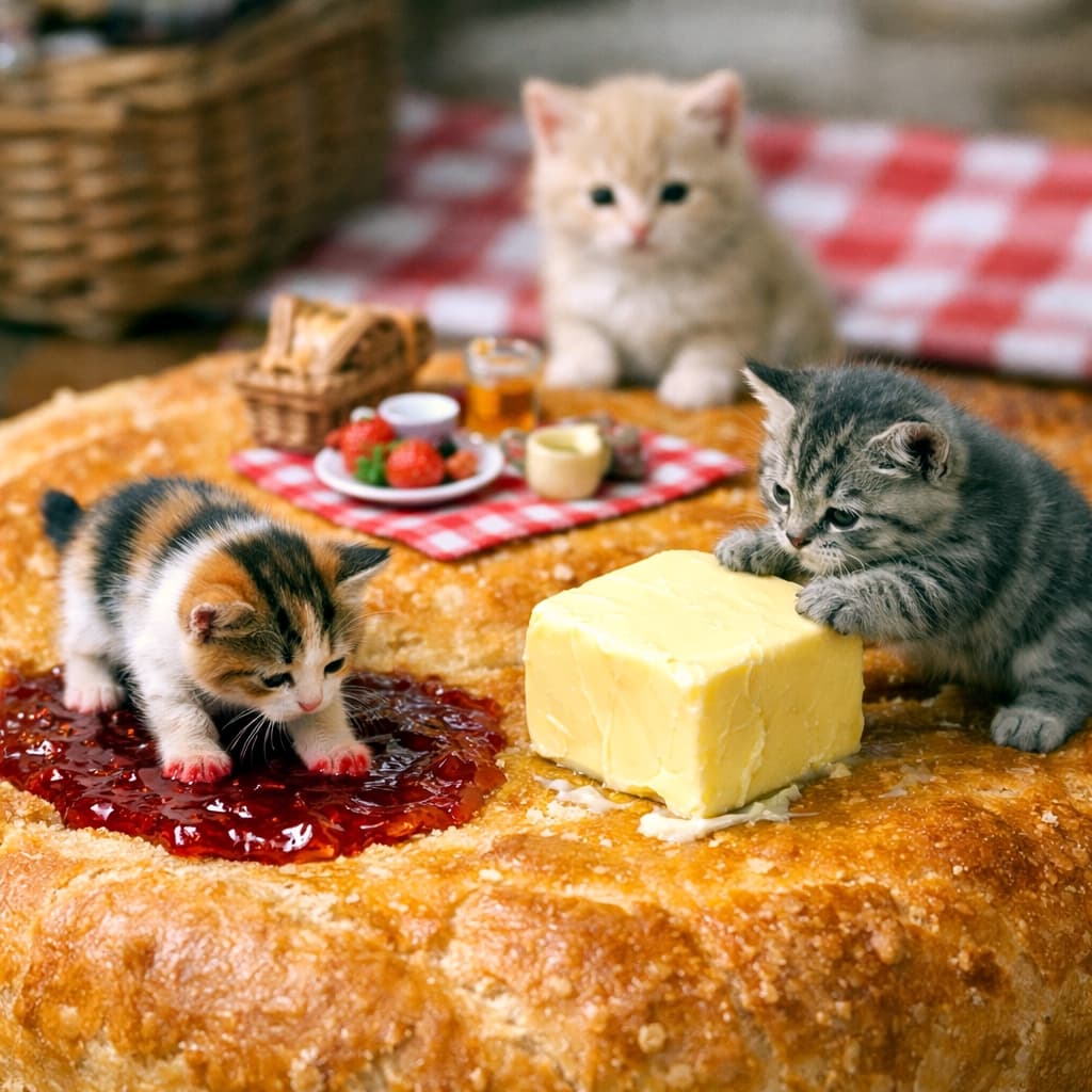 「巨大食パンでピクニック!ジャムにポチャッ、バターにタッチ。子猫たちの甘い大冒険に胸キュン💕 #猫 #巨大パン #ピクニック #ジオラマ #癒やし」A hyperrealistic macro diorama photograph capturing a picnic of three miniature kittens on a massive loaf of bread. In the foreground on the golden bread surface, a calico kitten is stepping into a pool of gooey strawberry jam with its front paws, which are visibly covered in jam. Next to it, a grey tabby kitten is pushing a large cube-shaped pat of butter with its small paws. Further back on the bread, a ginger tabby kitten is sitting beside a red and white checkered picnic blanket. Miniature picnic items, including a basket, cups, jam jars, toast, and strawberries, are arranged on the blanket. A large woven basket is visible in the background in a warm, detailed kitchen setting. 巨大な食パンの表面で行われている、3匹のミニチュア子猫のピクニックを描いた超リアルなマクロジオラマ写真。前景では、三毛猫の子猫がととろっとしたイチゴジャムの池に前脚をポチャッと浸けて歩いている。その横では、グレーのタビー(サバトラ)の子猫が大きな立方体のバターの塊を小さな前脚で必死に押している。パンの奥には、赤と白のチェック柄のピクニックシートが敷かれ、その上に座る茶トラの子猫が前景の子猫たちを見ている。シートの上には、ミニチュアのピクニックバスケット、カップ、ジャム瓶、トースト、イチゴなどが置かれている。背景には籐のバスケットが見え、暖かく詳細なキッチンの光景が広がる