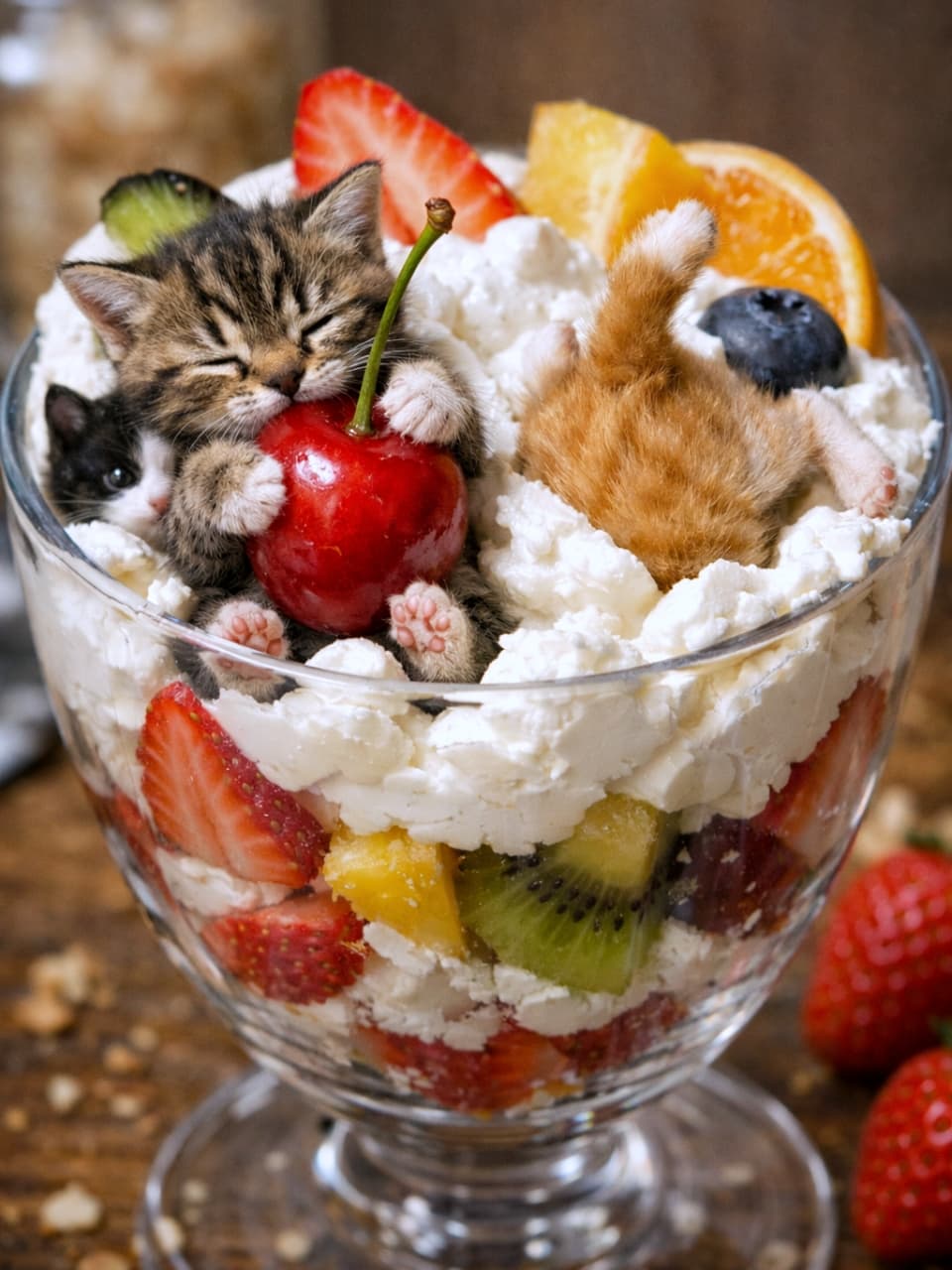 「フルーツパフェでかくれんぼ&ダイブ!🍒🐈 クリームに埋もれるお尻とハグする姿がたまらなく愛おしい💕 #猫 #パフェ #ミニチュア #癒やし」Hyper-realistic diorama-style miniature photograph of tiny kittens playing inside a giant glass parfait filled with whipped cream and various fruits like strawberries, kiwi, orange, and blueberries. On top, a brown tabby kitten is hugging a large cherry with its eyes closed, while a tiny black-and-white tuxedo kitten peeks out from behind it. On the right, an orange tabby kitten is diving headfirst into the cream, showing only its furry bottom and tail. Set on a rustic wooden table with a warm, cozy atmosphere. 巨大なガラスのパフェグラスにたっぷりのホイップクリームと、イチゴ、キウイ、オレンジ、ブルーベリーなどの色鮮やかなフルーツが層になった、超リアルなジオラマ風ミニチュア写真。上部では、キジトラ子猫が大きなさくらんぼを抱きしめて目をつぶっており、その背後から小さな白黒ハチワレ子猫が顔を覗かせている。右側では茶トラ子猫がクリームに頭からダイブし、フワフワのお尻と尻尾だけが見えている。背景は落ち着いた木のテーブルで、温かみのあるアンティークな雰囲気