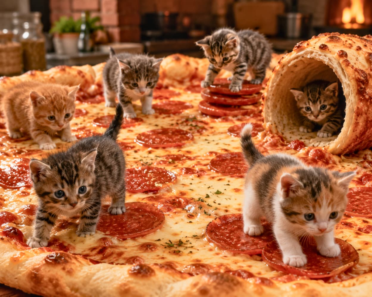 「ピザの大地をいざ進め〜!🐾🍕耳のトンネルからひょっこり覗くお顔に、思わず笑顔になっちゃいますね😆 #猫の大群 #ピザの世界 #子猫のいる生活」Ultra-realistic high-quality photograph of six diverse kittens, including calico, orange, and tabby breeds, exploring a vast landscape made of a giant freshly baked pizza. One curious tabby is hiding inside a hollow, rolled pizza crust acting as a tunnel. まるで大地のように広がる巨大なピザの上を歩き回る6匹の様々な模様の子猫たち。三毛猫や茶トラが闊歩する中、右奥では筒状に巻かれたピザの耳をトンネル代わりにして隠れるキジトラの姿が愛らしい高画質写真
