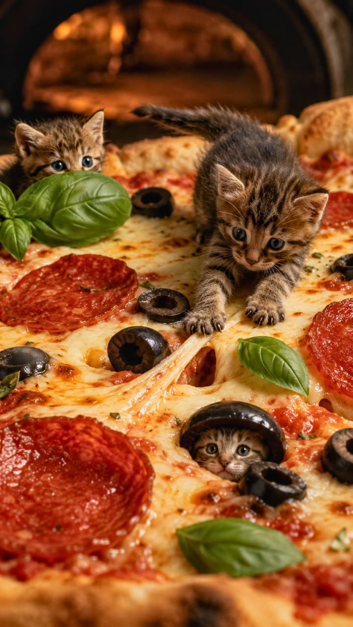 「ピザの海を大冒険ニャ🐾🍕とろ~りチーズとオリーブの帽子にご満悦の子猫たちから目が離せません🤤 #猫のいる暮らし #ピザパーティー #子猫」Ultra-realistic high-quality photograph of three playful mackerel tabby kittens exploring a giant freshly baked pizza, with one kitten stretching melted cheese with its paws and another peeking out from a sliced black olive. 巨大な焼き立てピザの上で遊ぶ3匹のキジトラ子猫。手前の子猫がとろけるチーズを前足で伸ばし、もう1匹が黒オリーブの輪切りから顔を覗かせる、遊び心とこんがり焼けたチーズのシズル感に溢れた高画質なリアル写真です