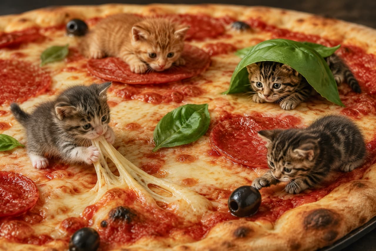 「よいしょ、よいしょ!みんなでチーズを伸ばすニャ🧀🐈バジルの下から見つめる熱い視線にもキュンとしちゃいますね💕 #子猫の冒険 #猫との暮らし #ピザと猫 #猫好き #癒し画像」Ultra-realistic high-quality photograph of three mackerel tabby kittens on a giant pizza, with two kittens playfully pulling melted cheese together, while a third kitten peeks curiously from under a fresh green basil leaf. こんがり焼けた巨大なピザの上で、2匹のキジトラ子猫が前足と口を使って協力してチーズを引っ張る様子。手前ではもう1匹がバジルの葉の下から大きな瞳でこちらを見つめる、物語性を感じる高画質なリアル写真です
