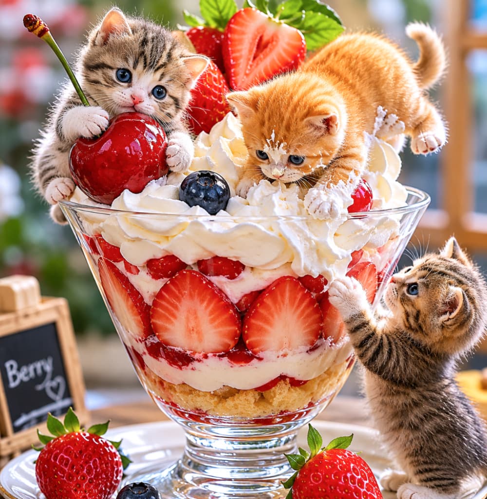 「夢のようなスイーツタイム🍰✨クリームに夢中な茶トラちゃんと、チェリーを死守するキジトラちゃん🍒💕 #猫のいる暮らし #癒し画像 #猫好きさんと繋がりたい #スイーツテロ」Ultra-realistic high-quality photograph of three curious kittens exploring a large berry trifle. A brown tabby holds a cherry, an orange tabby dives into the whipped cream, and another brown tabby reaches up from outside the glass in a bright, naturally lit room. 大きなグラスに入ったいちごのトライフルと3匹の子猫。艶やかなチェリーを抱えるキジトラ、生クリームにダイブする茶トラ、グラスの外から背伸びして手を伸ばすキジトラの姿が、自然光が差し込む明るい室内の背景とともにリアルな質感で捉えられています