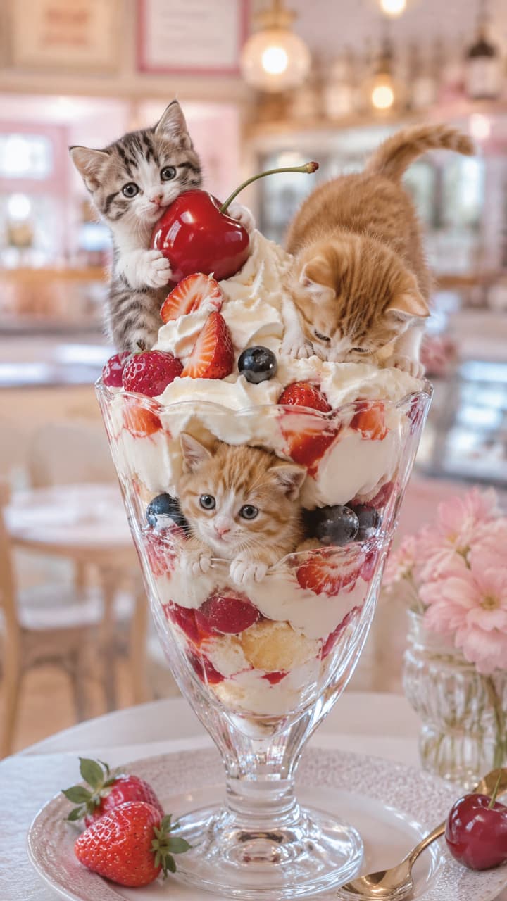 「ええっ、そこに入っちゃうの!?😹グラスの中にすっぽり収まった茶トラちゃんがたまらない🍨💕あま〜い癒しをお届け🐈✨ #パフェと猫 #猫好きさんと繋がりたい #スイーツテロ」Ultra-realistic high-quality photograph of three kittens playing with a tall strawberry parfait. Features a brown tabby with a cherry, an orange tabby looking down, and an adorable orange tabby nestled perfectly inside the glass among the dessert layers, set against a romantic pink background. 高いグラスに盛り付けられたいちごパフェと戯れる3匹の子猫。チェリーに寄り添うキジトラ、上から覗き込む茶トラ、そして驚くべきことにグラスの中のクリームとスポンジの間にすっぽり収まった茶トラの様子が、淡いピンク基調のロマンチックな背景の中で繊細に描写されています