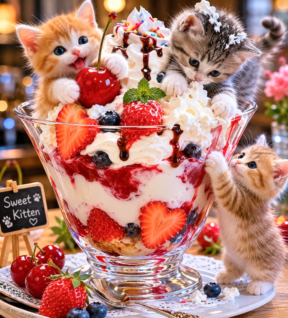 「あ!頭にクリームついてるよ!😹🍓パフェに夢中になりすぎたサバトラちゃんのドジっ子っぷりに癒される午後☕️💕 #おもしろ猫 #ドジっ子 #猫のいる暮らし #癒し画像 #猫好きさんと繋がりたい #スイーツテロ」Ultra-realistic high-quality photograph of three kittens enjoying a large strawberry dessert. A silver tabby with whipped cream on its head eats eagerly, while an orange bicolor hugs a cherry and an orange tabby reaches for the glass in a warmly lit cafe atmosphere. 大きなグラスに入ったいちごとクリームのデザートに集まる3匹の子猫。頭にホイップクリームを乗せて無邪気に食べるサバトラ、大きなチェリーを抱きしめる茶白、グラスに前足をかける茶トラの愛らしい姿が、暖色の照明が心地よいカフェ空間の中で鮮やかに表現されています