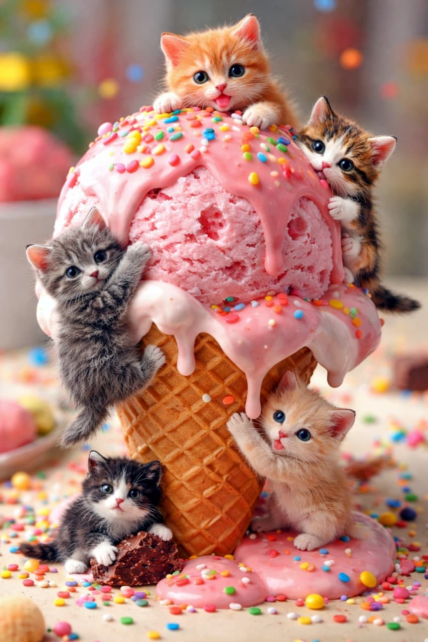 「アイスクリーム山に挑戦中!🍨🐾 カラフルなスプリンクルと、一生懸命よじ登る極小子猫たちにキュン💕 #猫 #子猫 #アイス #ミニチュア」An ultra-realistic, high-quality diorama-style photograph of tiny kittens climbing a giant scoop of melting pink ice cream on a waffle cone. Colorful sprinkles are scattered across the melting surface. The kittens exhibit playful and curious expressions as they cling to the cone and the sweet treat. ワッフルコーンに乗った巨大なストロベリーアイスクリームをよじ登る、極小サイズの子猫たちのハイパーリアルなジオラマ風写真。溶けかけたピンクのアイスクリームの表面にはカラフルなスプリンクルが散りばめられている。茶トラやキジトラ、ハチワレの子猫たちが、アイスに抱きついたり見上げたりと、遊び心いっぱいの好奇心旺盛な表情を見せている