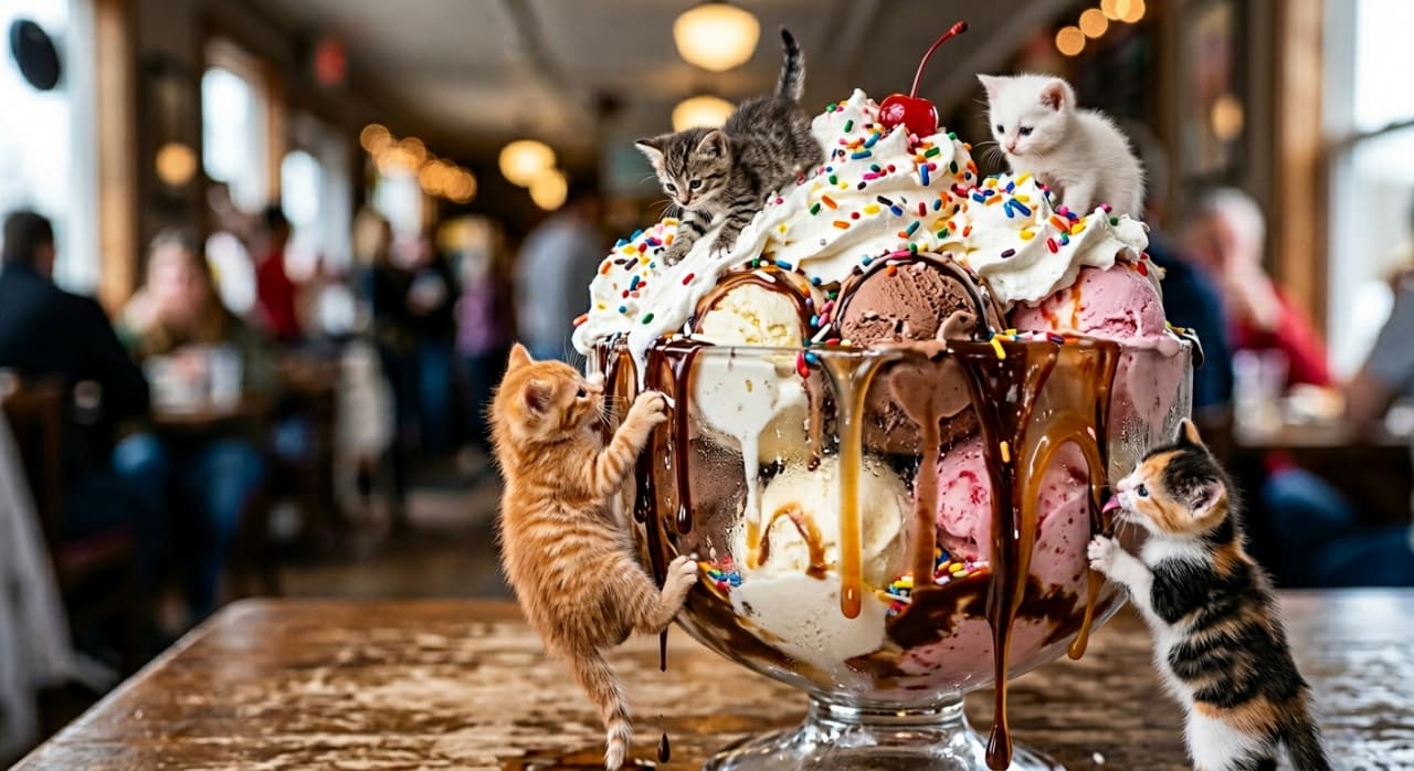 「パフェよりもちっちゃい!?🍨✨ 特大パフェによじ登る子猫たちが妖精みたいで可愛すぎる🧚♀️🐾 #スイーツと猫」Ultra-realistic high-quality photograph of tiny, various-colored kittens climbing and playing around a giant sundae glass filled with ice cream, whipped cream, and dripping chocolate syrup in a blurred cafe setting. 賑わうカフェを背景に、アイスクリームやホイップクリームが盛られた巨大なパフェグラスによじ登ったり、垂れるチョコレートシロップを舐めたりして遊ぶ、様々な毛色の小さな子猫たちの高画質写真