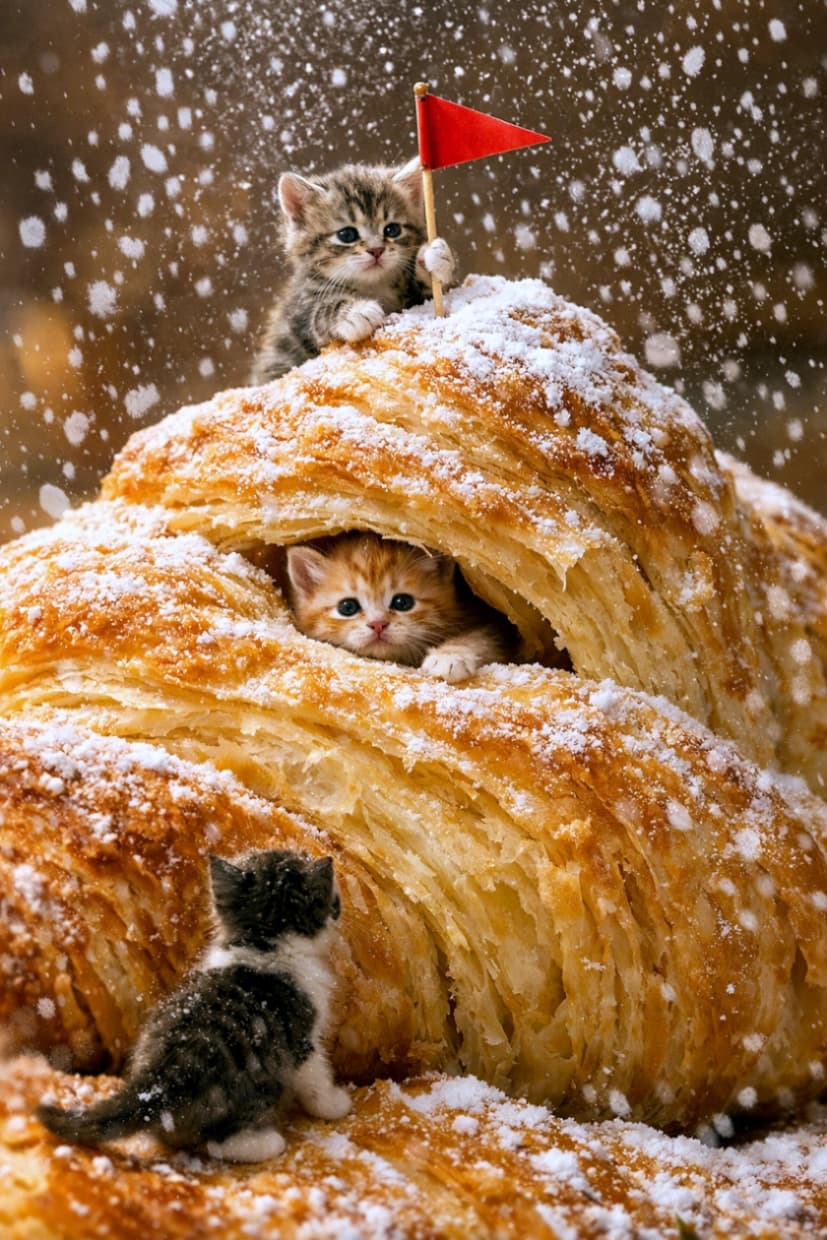 「サクサクの巨大クロワッサン山を大冒険!🥐✨ 粉砂糖の雪が舞う中、赤い旗を立てて頂上を目指す子猫たちが可愛すぎる💕」A hyperrealistic, vertical (9:16) macro photograph of a giant, golden-brown croissant dusted with falling powdered sugar like snow. Three tiny kittens are exploring it. On the summit, a tabby kitten holds a small red flag. In the middle, a ginger kitten peeks out from a crevice between the flaky layers. At the bottom left, a black-and-white kitten stands looking up. The scene is illuminated by warm bakery lighting with a shallow depth of field, creating a whimsical and cozy atmosphere. 粉砂糖が雪のように舞い降る中、巨大なクロワッサンの黄金色でサクサクとした層を探検する3匹の極小子猫の超リアルな縦長写真。頂上ではキジトラの子猫が小さな赤い旗を立てており、中央では茶トラの子猫が生地の隙間から顔を覗かせている。下部では白黒の子猫が上を見上げている。温かみのあるベーカリーの照明とマクロ撮影の被写界深度による、ファンタジーで居心地の良い世界観