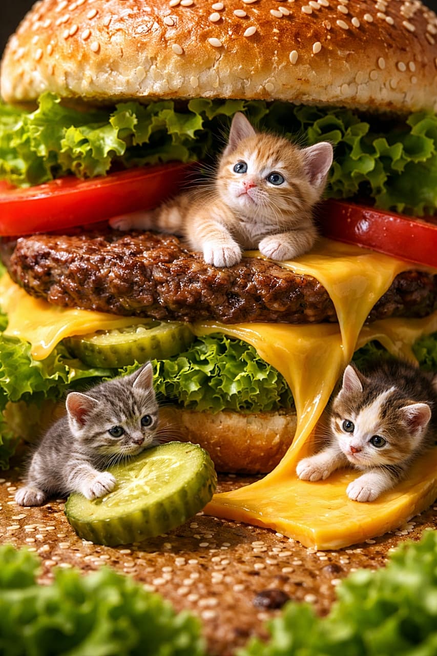 「巨大ハンバーガーは子猫たちの遊び場!パティの上でくつろいだり、ピクルスを転がしたり、とろけるチーズのすべり台で遊ぶ小さな探検隊🍔🐾」Tiny kittens exploring a giant hamburger in a hyper-realistic diorama scene. One kitten lounges on the juicy beef patty under the sesame bun, another rolls a pickle slice on the bun base, and melted cheese drips like a slide beside lettuce and tomato layers. 巨大なハンバーガーを探検する小さな子猫たちの超リアルなジオラマ写真。バンズの下でパティの上にくつろぐ子猫や、ピクルスを転がして遊ぶ子猫、レタスやトマトの間でとろけるチーズのそばにいる子猫が写っている