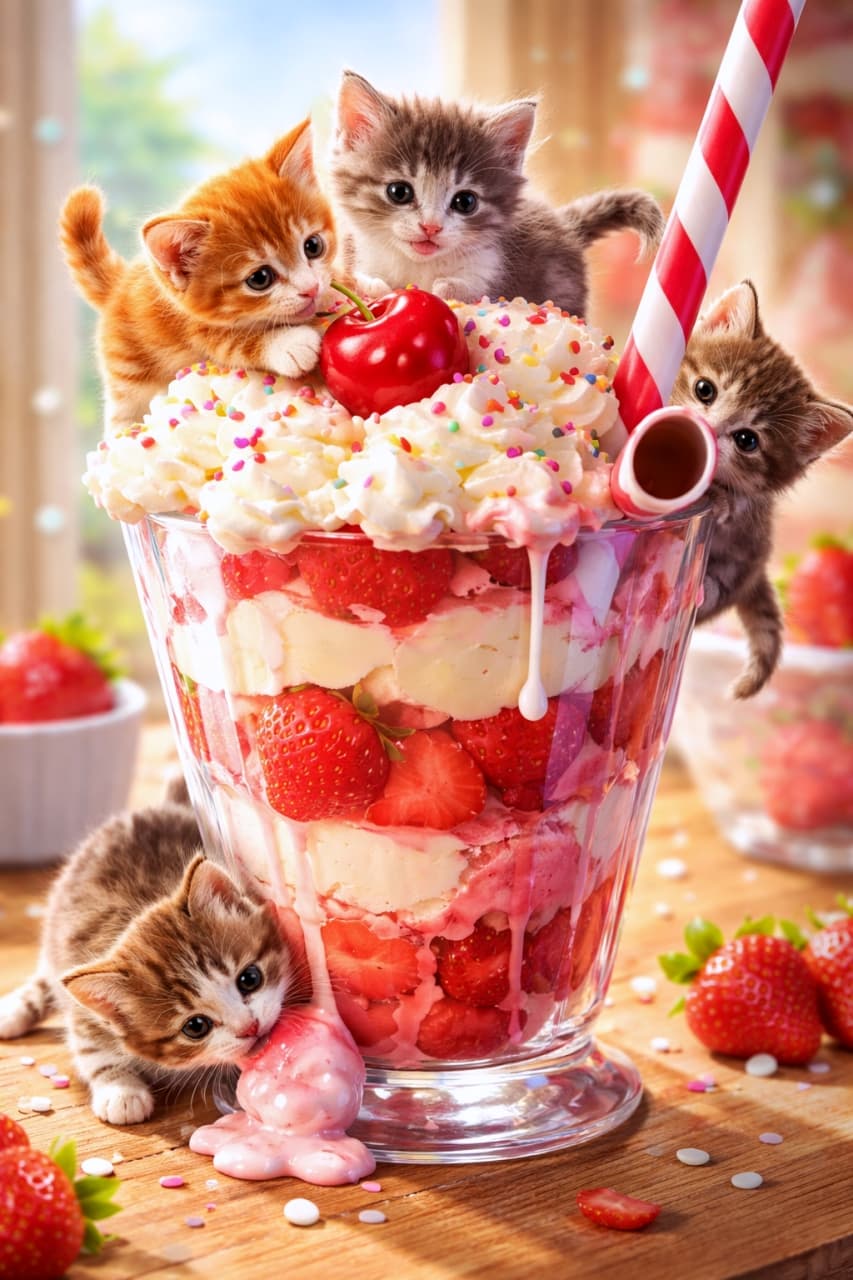 「巨大パフェで大冒険!🍓✨ さくらんぼを押したり、ストローをのぞいたり、アイスを舐めたり…極小子猫たちのスイーツワールドに夢中💕 #猫 #子猫 #スイーツ #ファンタジー」An ultra-realistic high-quality photograph of four micro kittens exploring a massive glass goblet filled with a luxurious strawberry parfait (strawberries, cream, ice cream, a striped straw, loose strawberries, and colorful sprinkles), set on a wooden table with soft natural light. One tiny orange kitten is pushing a large cherry on the whipped cream, another tiny grey-striped kitten is walking on the cream. A third tiny grey-striped kitten is looking into the striped straw, and at the bottom, a fourth tiny grey-striped kitten is licking the dripping ice cream. Loose strawberries and a bokeh background. 窓からの柔らかな自然光が差し込む木製のテーブルの上に置かれた、巨大なガラスのグラスに入った豪華なイチゴパフェ(イチゴ、ホイップクリーム、アイスクリーム、ストライプ柄のストロー、散らばったイチゴとカラースプレー)を、極小サイズの4匹の子猫たちが探検している超リアルな高画質写真。1匹の茶トラの子猫がホイップクリームの上の大きなさくらんぼを押しており、別のサバトラの子猫もクリームの上を歩いている。もう1匹のサバトラの子猫がストローをのぞき込み、底では4匹目のサバトラの子猫が溶けて滴り落ちるアイスクリームを舐めている。キラキラとした玉ボケの背景