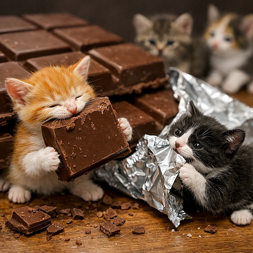 「板チョコが巨大すぎ!?ちび猫たちの甘〜い大冒険🍫🐾」Hyper-realistic diorama-style photo of tiny kittens biting a giant chocolate bar, one chewing a large chocolate square while another pulls at the silver wrapper on a wooden table. 巨大な板チョコをかじる極小サイズの子猫たちのジオラマ風超写実写真。1匹は大きなチョコのかけらに噛みつき、もう1匹は銀色の包み紙を引っ張っている