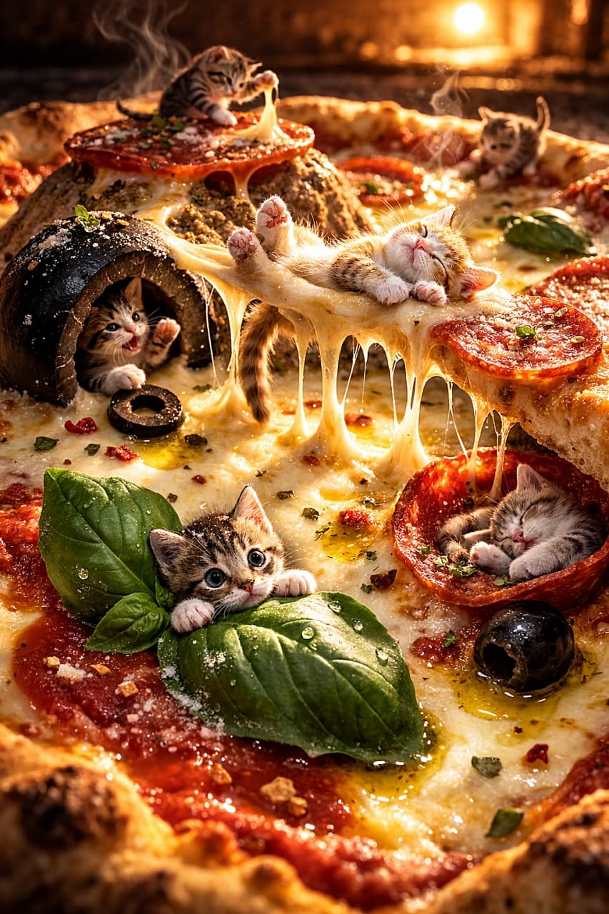 「チーズの橋は今日もベッド代わり。ピザの国で子猫たちの大冒険スタート!🧀🐱」Miniature kittens play and rest on a giant pizza, stretching across melted cheese strands, hiding inside olive caves, and basking in warm oven light in a hyper-realistic macro diorama scene. 巨大なピザの上で、小さな子猫たちが溶けたチーズの橋で寝転び、オリーブの洞窟に隠れながら遊ぶ、温かなオーブン光に包まれた超リアルなミニチュア風景