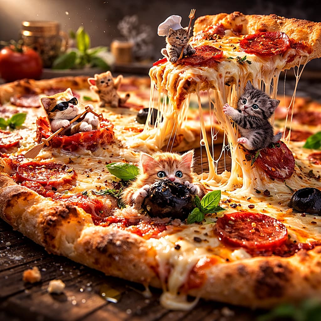 「チーズの海で子猫たちが大冒険!ピザ島は今日も平和です🍕🐾」Tiny kittens play on a giant slice of pizza, with stretchy melted cheese flowing like a waterfall and one kitten wearing a chef hat on top. 巨大なピザの上で、滝のように伸びるチーズの上を小さな子猫たちが遊び回り、コック帽をかぶった子猫が乗っている様子
