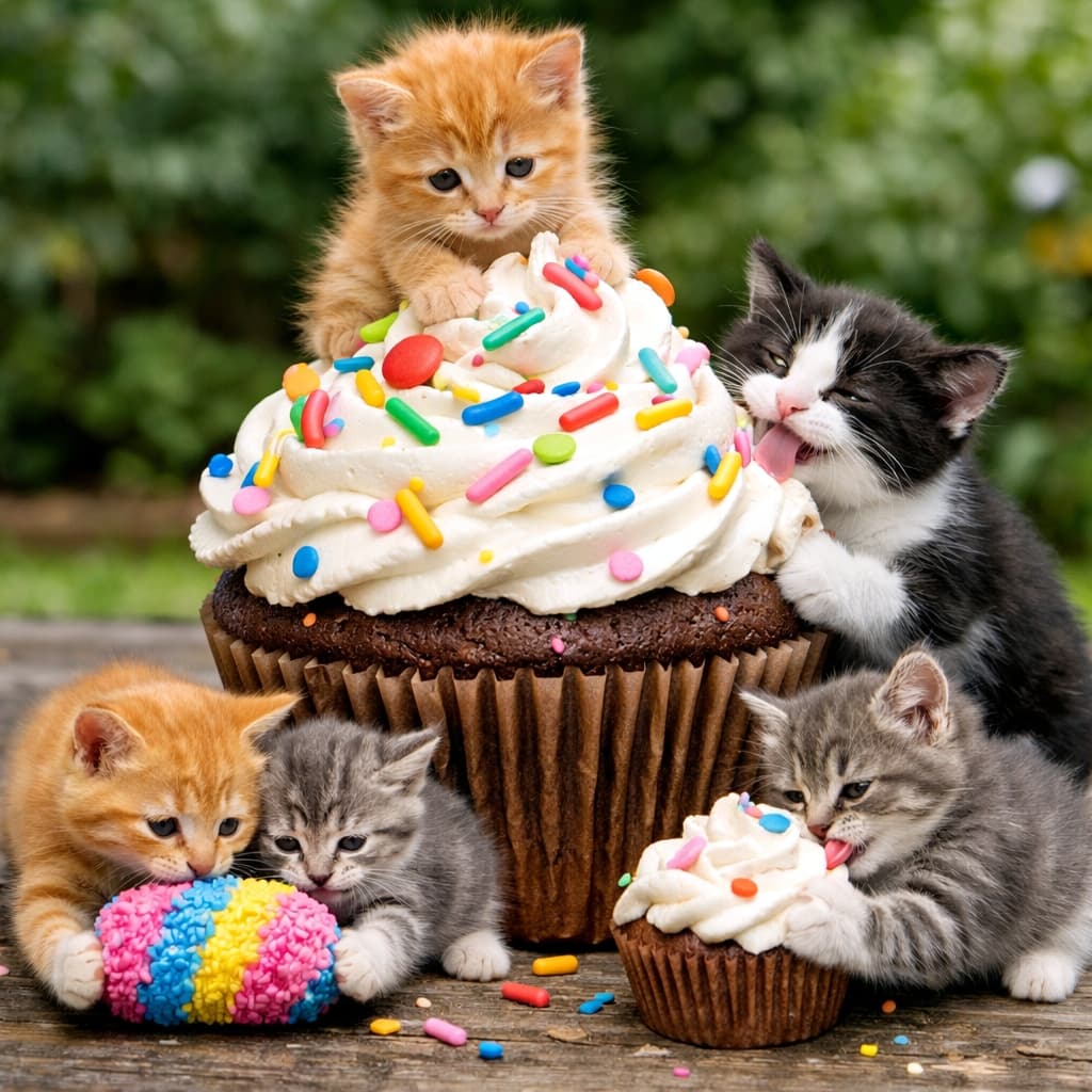 「大きなカップケーキを舞台に子猫たちが大はしゃぎ!クリームに登ったりスプレーを転がしたり、甘くてにぎやかな時間が広がる楽しいワンシーン🐾」Five tiny kittens play around a giant cupcake; one sits atop the frosting, two roll a colorful sprinkle, one paws at the paper liner, and another happily licks the cream in a bright, photorealistic scene. 巨大なカップケーキの周りで遊ぶ子猫たち。ひとりはクリームの上に乗り、2匹はカラースプレーを転がし、1匹は紙カップにじゃれ、もう1匹はクリームを嬉しそうに舐めている写実的でカラフルな情景