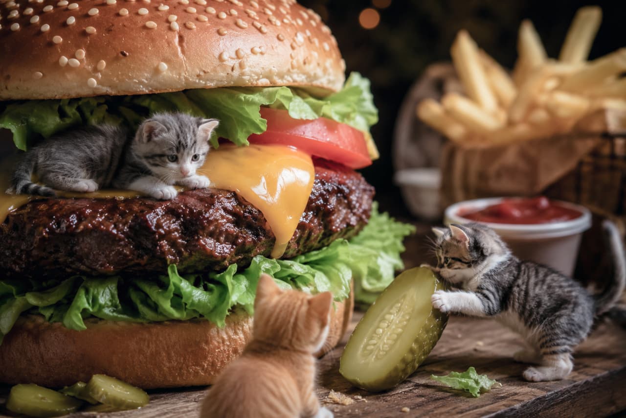 「今日のご飯は僕たちの身長の10倍!?🍔✨みんなで力を合わせて、巨大ピクルスを大収穫しちゃうぞ〜っ🐾」An ultra-realistic high-quality photograph of tiny domestic short-hair tabby kittens exploring a gigantic cheeseburger. A grey tabby kitten climbs on the melting cheddar cheese, while another grey tabby on the right grasps a huge slice of pickle. A red tabby kitten is seen from behind in the foreground. The background features a warm-toned out-of-focus display of French fries and ketchup. 巨大なチーズバーガーの周りで奮闘する、グレータビー(サバトラ)とオレンジタビー(茶トラ)の子猫たちの超リアルなクローズアップ写真。左上のサバトラはとろけるチェダーチーズの上から身を乗り出し、右下のサバトラは自分の体ほどもある大きなピクルスを小さな肉球で一生懸命に掴んでいます。手前には愛らしい後ろ姿の茶トラがおり、背景には温かみのある光に照らされた山盛りのフライドポテトとケチャップがドラマチックにボケて写っています