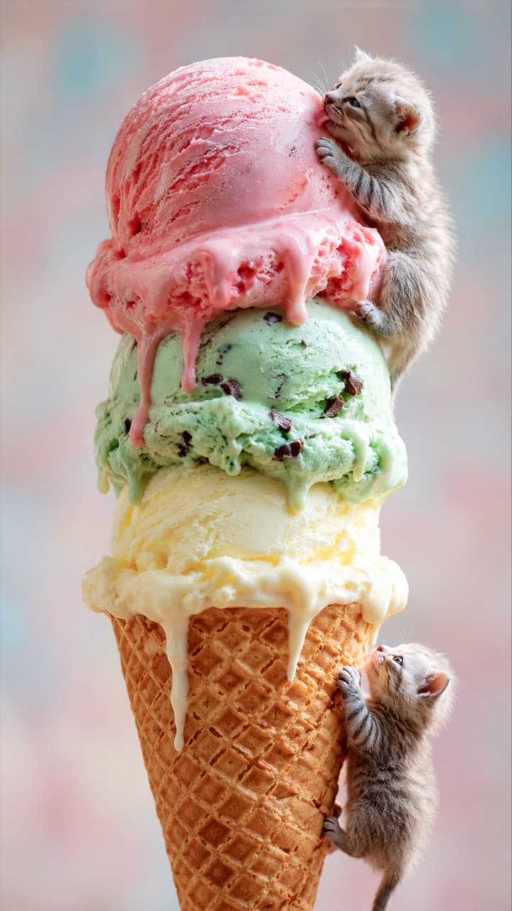 「溶けちゃう前にいただきニャス!🍦🐾巨大な3段アイスに挑むサバトラちゃん兄弟にキュンとすること間違いなし😻✨ #アイスクリーム #サバトラ #猫好きさんと繋がりたい #スイーツテロ」Ultra-realistic high-quality photograph of two silver tabby kittens climbing a giant three-scoop ice cream cone. One kitten licks the top strawberry scoop while the other clings tightly to the waffle cone, set against a soft, pastel-colored background. ストロベリー、チョコミント、バニラが重なった巨大な3段アイスクリームコーンと、それに挑む2匹のサバトラ子猫。一番上のアイスを舐める子猫と、ワッフルコーンに必死にしがみつく子猫の姿が、パステルカラーの柔らかい背景と柔らかな光の中でリアルに描かれています