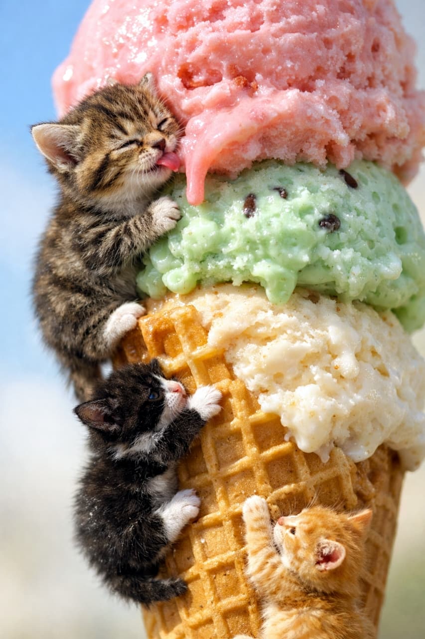 「3段重ねの巨大アイスへよじ登れ!🍦🐾 甘〜いストロベリーのしずくをペロリと舐める至福のお顔がたまらない💕」A hyperrealistic macro diorama photograph of three ultra-micro kittens climbing a massive triple-scoop ice cream cone (strawberry, mint, vanilla). The top tabby kitten is licking the melting strawberry ice. The middle tuxedo kitten and bottom ginger tabby kitten are clinging to the ice and waffle cone. Natural sunlight highlights the glossy texture of the ice cream. Vertical composition with a pastel background. 巨大なトリプルスクープ(ストロベリー、ミント、バニラ)のアイスクリームコーンを登る3匹の超マイクロ子猫のハイパーリアリスティックなマクロジオラマ写真。一番上のキジトラ子猫が溶けたストロベリーアイスを舐め、中央のハチワレ子猫と下の茶トラ子猫がコーンやアイスにしがみついている。自然光がアイスクリームの光沢のある質感を際立たせている。垂直方向の構図、パステルカラーの背景