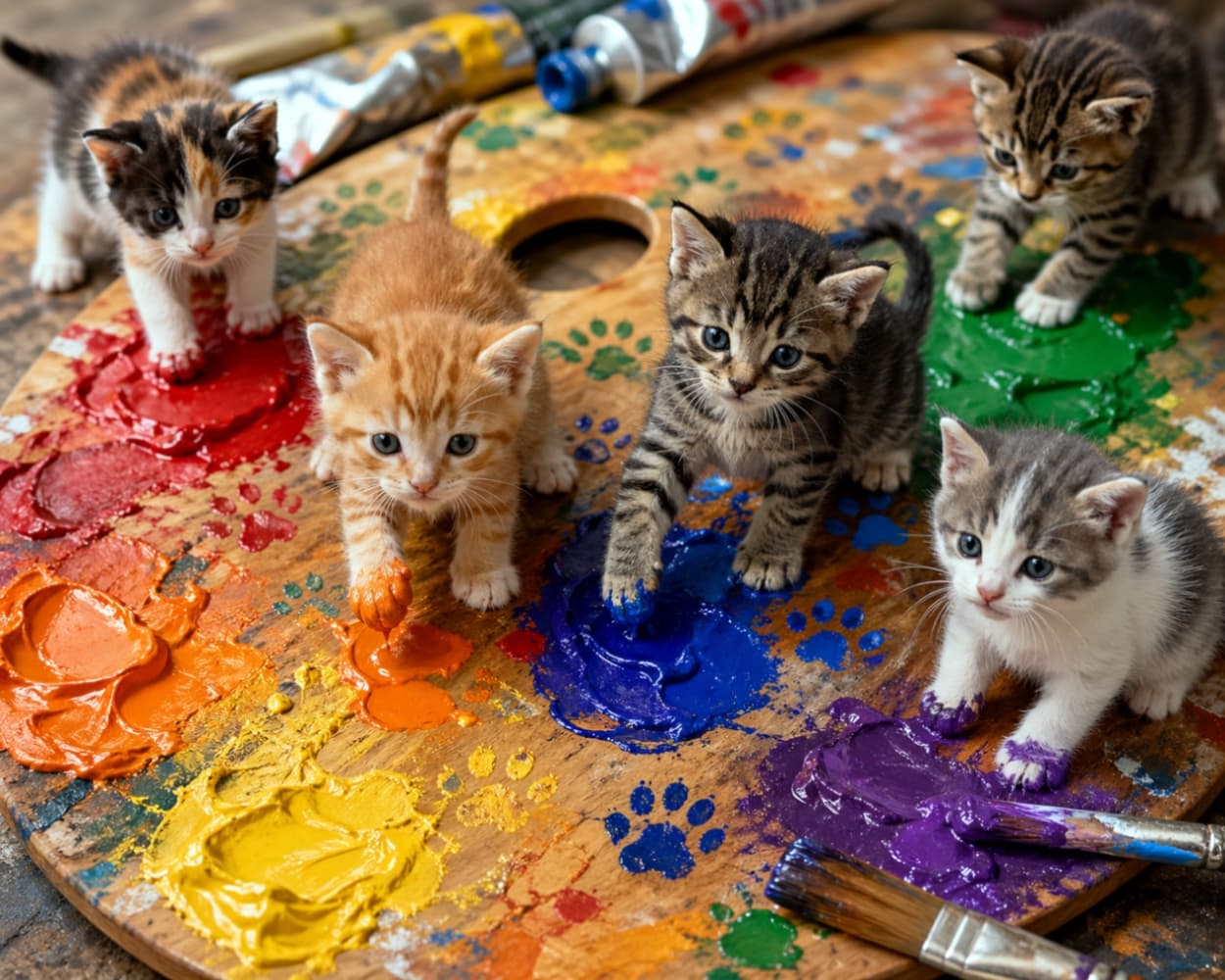 「未来のピカソがいっぱい！？🎨🐾 絵の具まみれになりながら、みんなで楽しくアート作品を制作中✨」Ultra-realistic high-quality photograph of five kittens walking on a wooden palette covered with thick oil paints in red, orange, blue, and purple. The kittens have paint on their paws, leaving cute paw prints all over the palette. 赤、オレンジ、青、紫などの油絵の具がたっぷり出された木製のパレットの上にいる5匹の子猫の超高画質なリアル写真。子猫たちの足には絵の具が付き、パレット上には可愛い肉球の跡がたくさん残っています