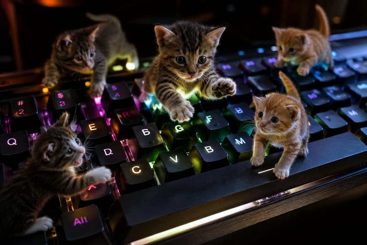 「深夜のゲーマー軍団参上！🎮🐈✨ 光るキーボードに大興奮の子猫たち、タイピングの速度はプロ級かも！？」Ultra-realistic high-quality photograph of five kittens playing energetically on a brightly lit RGB gaming keyboard. Against a dark background, the neon colors of the keyboard illuminate the kittens, capturing a dynamic and playful moment. カラフルに光るRGBゲーミングキーボードの上で元気に遊ぶ5匹の子猫の超高画質なリアル写真。暗い背景の中でキーボードのネオンカラーが子猫たちをポップに照らし、躍動感のある瞬間を捉えています