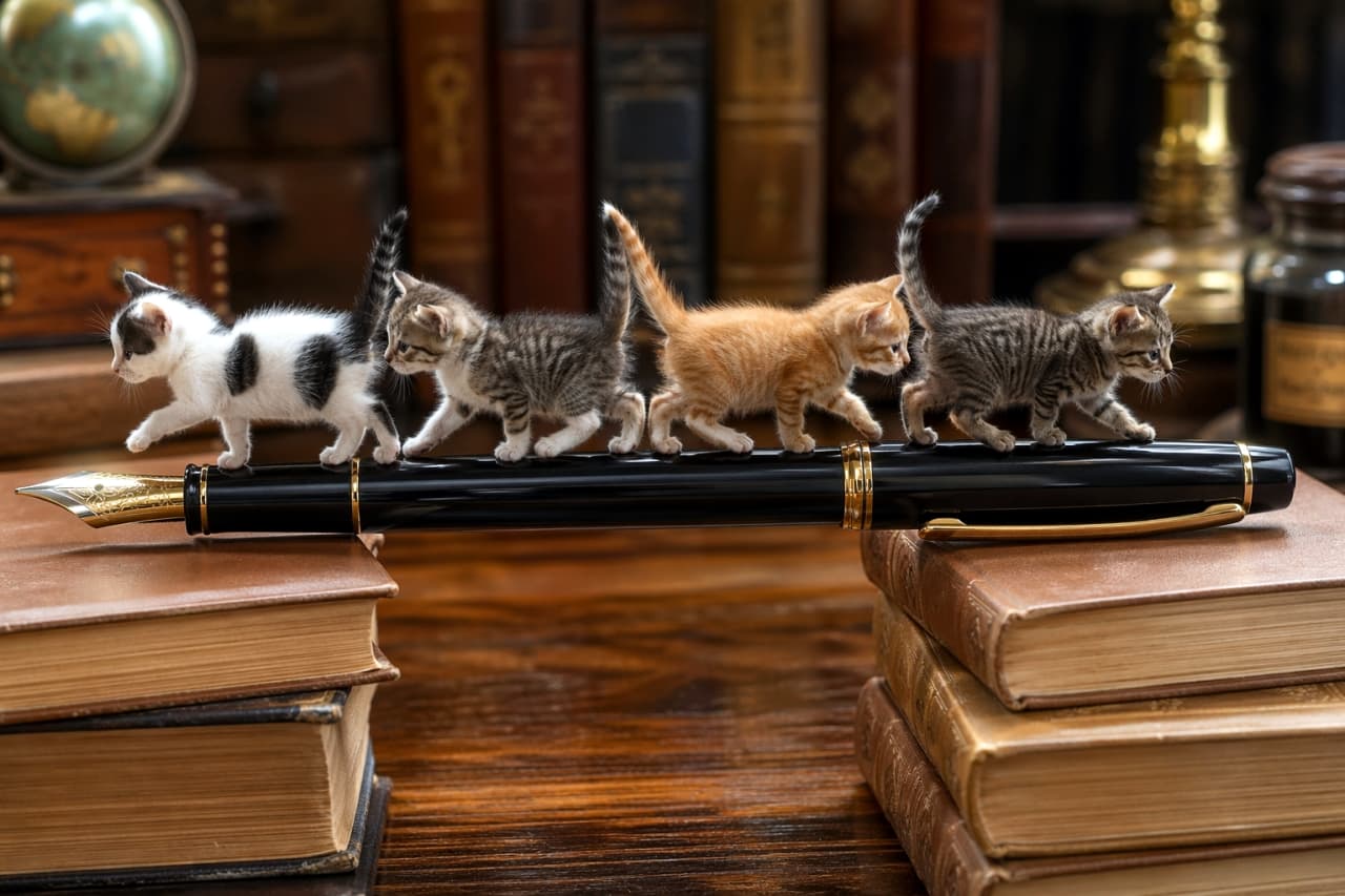 「ペンの上をトコトコ行進中🐾 5匹並んだ姿はまるで物語のワンシーン！冒険の始まり、始まり〜！📚✨」Ultra-realistic high-quality photograph of five kittens of different colors walking in a line across a black fountain pen balanced between two stacks of books. A scholarly setting with a bookshelf and a globe in the background. 積まれた2つの本束の間に架けられた、大きな黒い万年筆の上を1列になって歩く5匹の異なる色柄の子猫たち。背景には書斎のような古い本棚や地球儀があり、物語のワンシーンのような幻想的で重厚な雰囲気