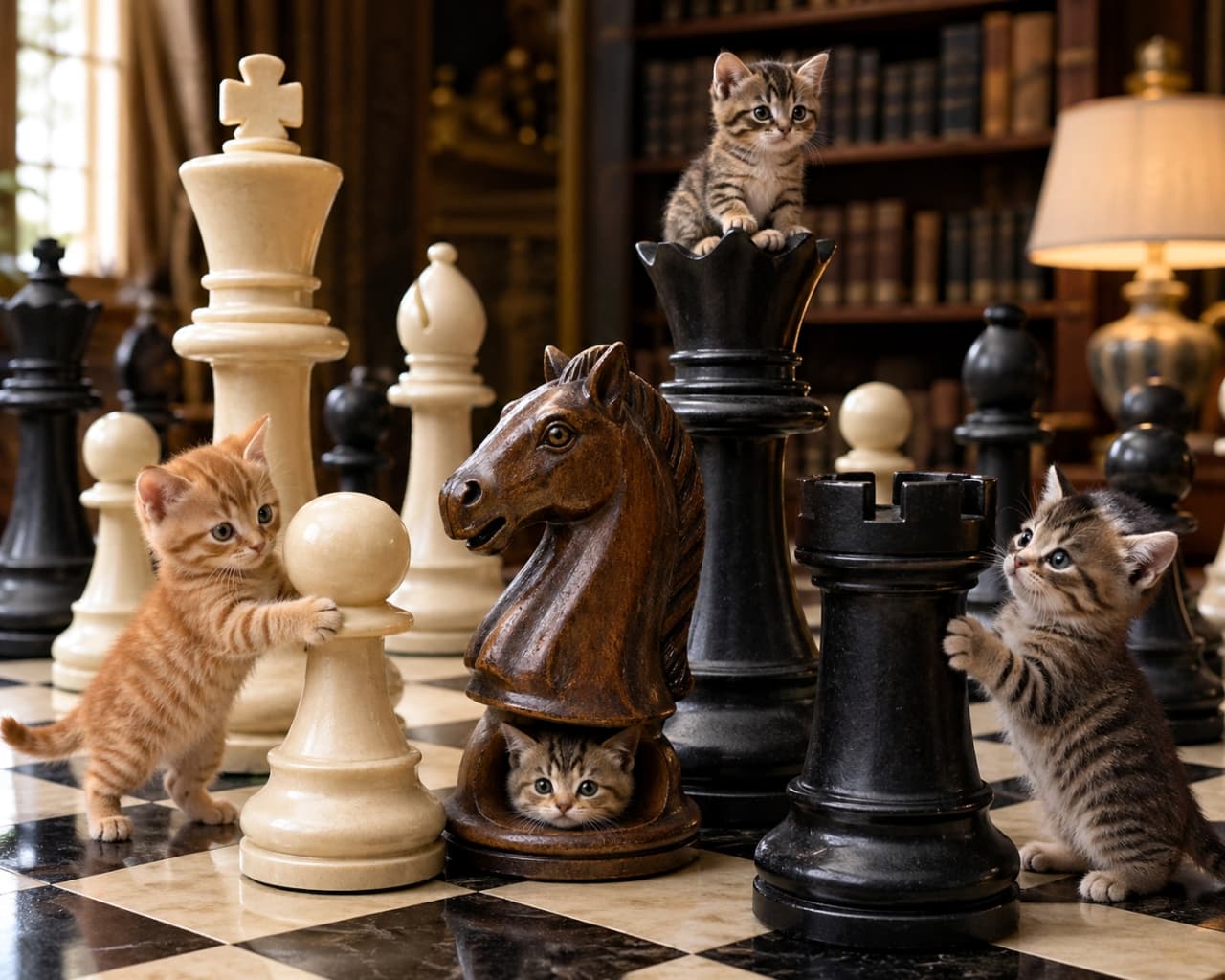 「子猫たちのチェス大会が開幕！♟️🔥 駒に乗ったり隠れたり…チェックメイトの行方は誰にもわからない！？🐈」Ultra-realistic high-quality photograph of four kittens playing among giant chess pieces (King, Queen, Knight, Rook) in a classic study. One is sitting on the Queen, while another peeks out from beneath the Knight. クラシックな書斎を背景に、特大サイズのチェスの駒（キング、クイーン、ナイト、ルークなど）に囲まれて遊ぶ4匹の子猫の超高画質なリアル写真。クイーンの上に乗ったり、ナイトの下から顔を出したりしています