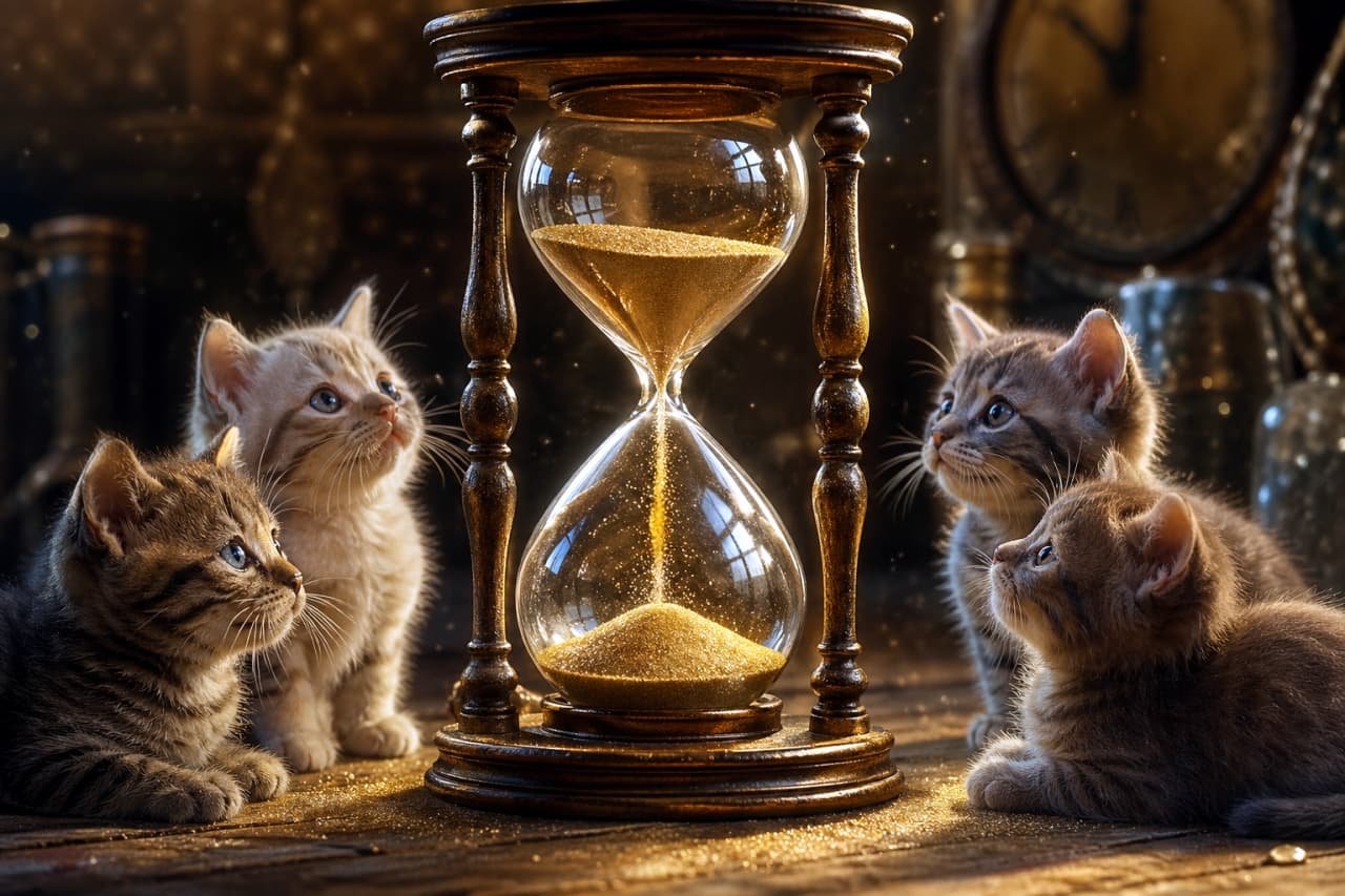 「キラキラ落ちる不思議な砂にみんな夢中！⏳✨ 子猫たちと一緒に、ゆったりとした時間を過ごしませんか？🐈」Ultra-realistic high-quality photograph of four kittens gathered around and looking intently at an antique hourglass with sparkling golden sand. Warm backlighting highlights the contours of the kittens and the shimmering texture of the sand. アンティーク調の部屋で、輝く黄金の砂が落ちる砂時計を囲んで見つめている4匹の子猫の超高画質なリアル写真。逆光の温かい光が子猫たちの輪郭や砂のキラキラとした質感を美しく照らし出しています