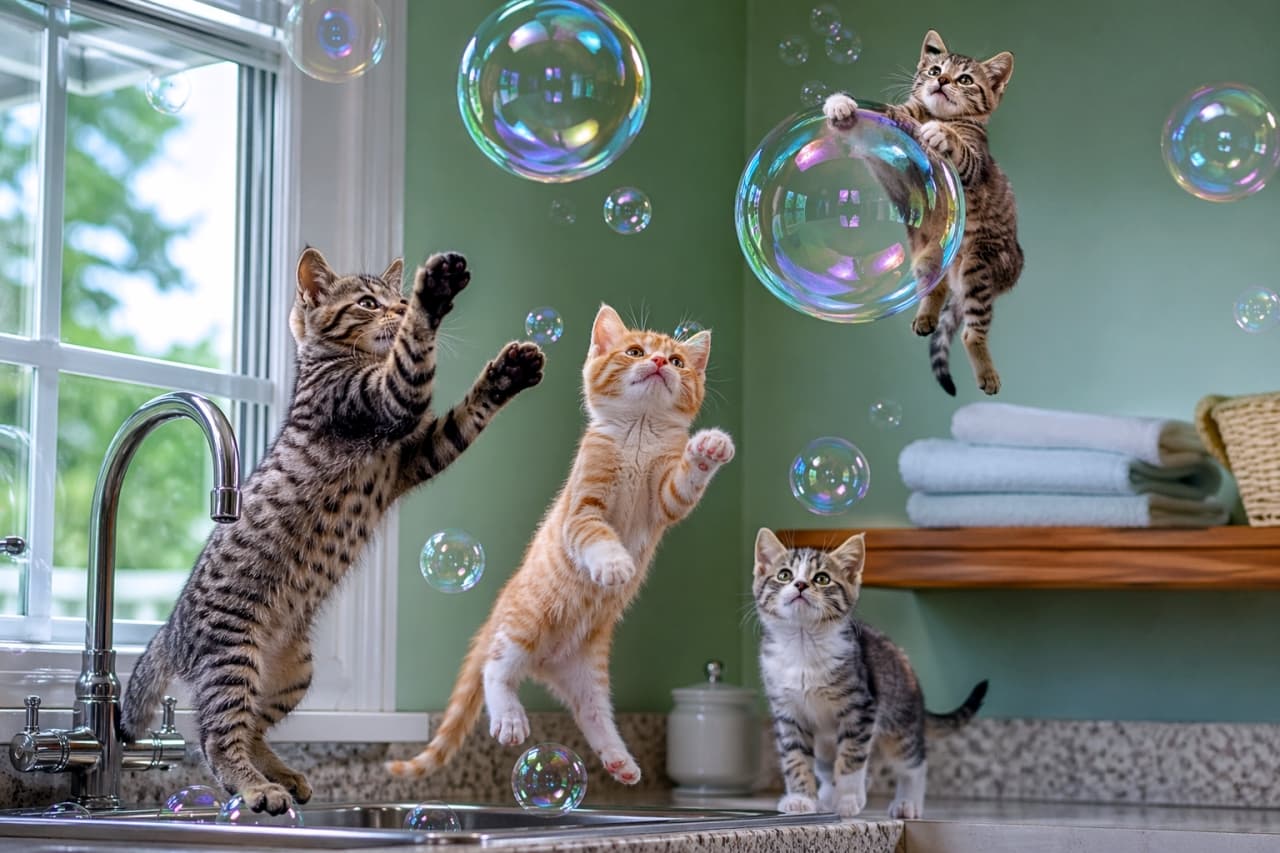 「まてまて〜！🫧シャボン玉を捕まえようと必死な姿がたまらないっ😻 #子猫 #シャボン玉 #元気いっぱい」Ultra-realistic high-quality photograph of four cute kittens jumping and reaching for large floating soap bubbles near a bright window sink. 明るい窓辺のシンク周りで、4匹の可愛い子猫たち（キジトラ、茶トラなど）が宙に舞う大きなシャボン玉に向かってジャンプしたり手を伸ばしたりしている、リアルで高画質な写真